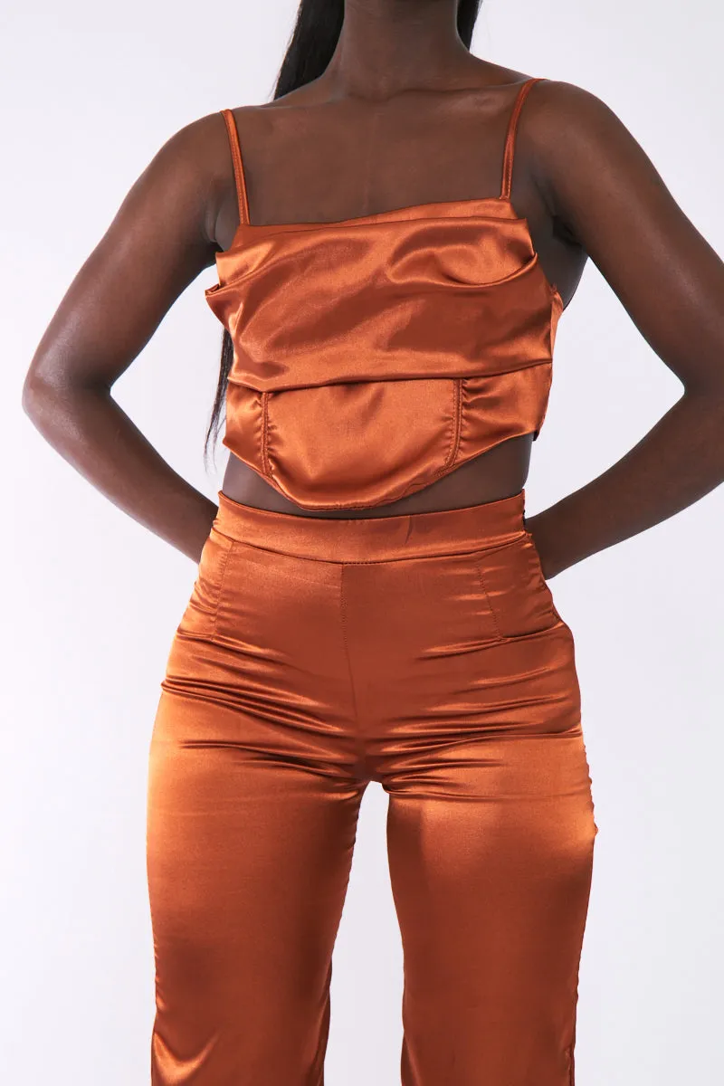 Rust Cowl Neck Satin Corset Top - Skylar