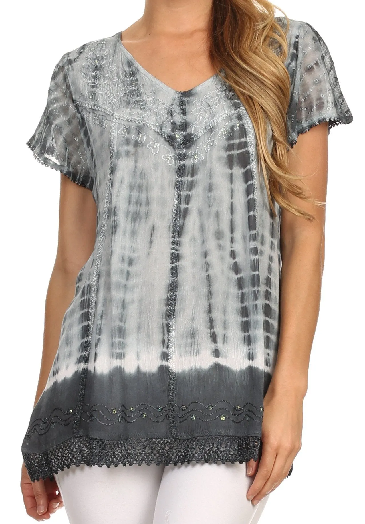 Sakkas Dior Embroidery And Seqiun Accents Drop Neck Blouse