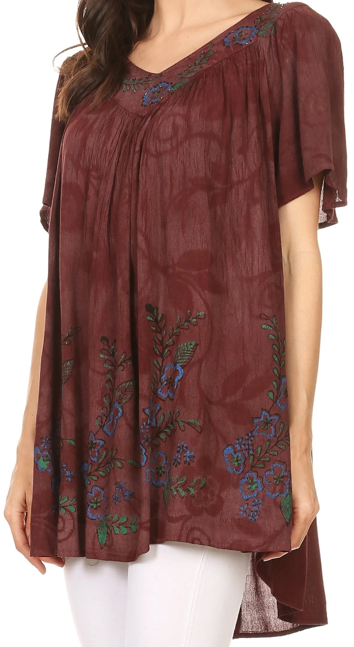 Sakkas Kyla Relaxed Fit Floral Sequin Embroidered V-neck Cap Sleeve Blouse / Top
