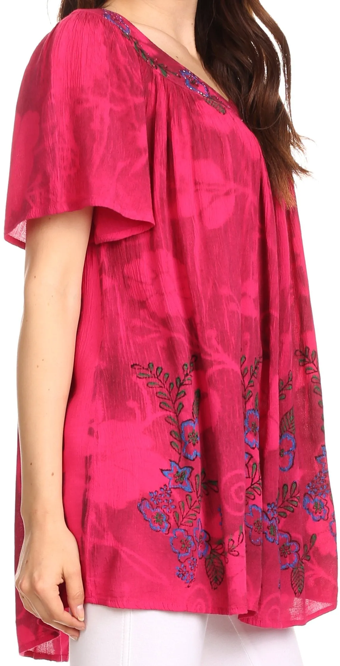 Sakkas Kyla Relaxed Fit Floral Sequin Embroidered V-neck Cap Sleeve Blouse / Top
