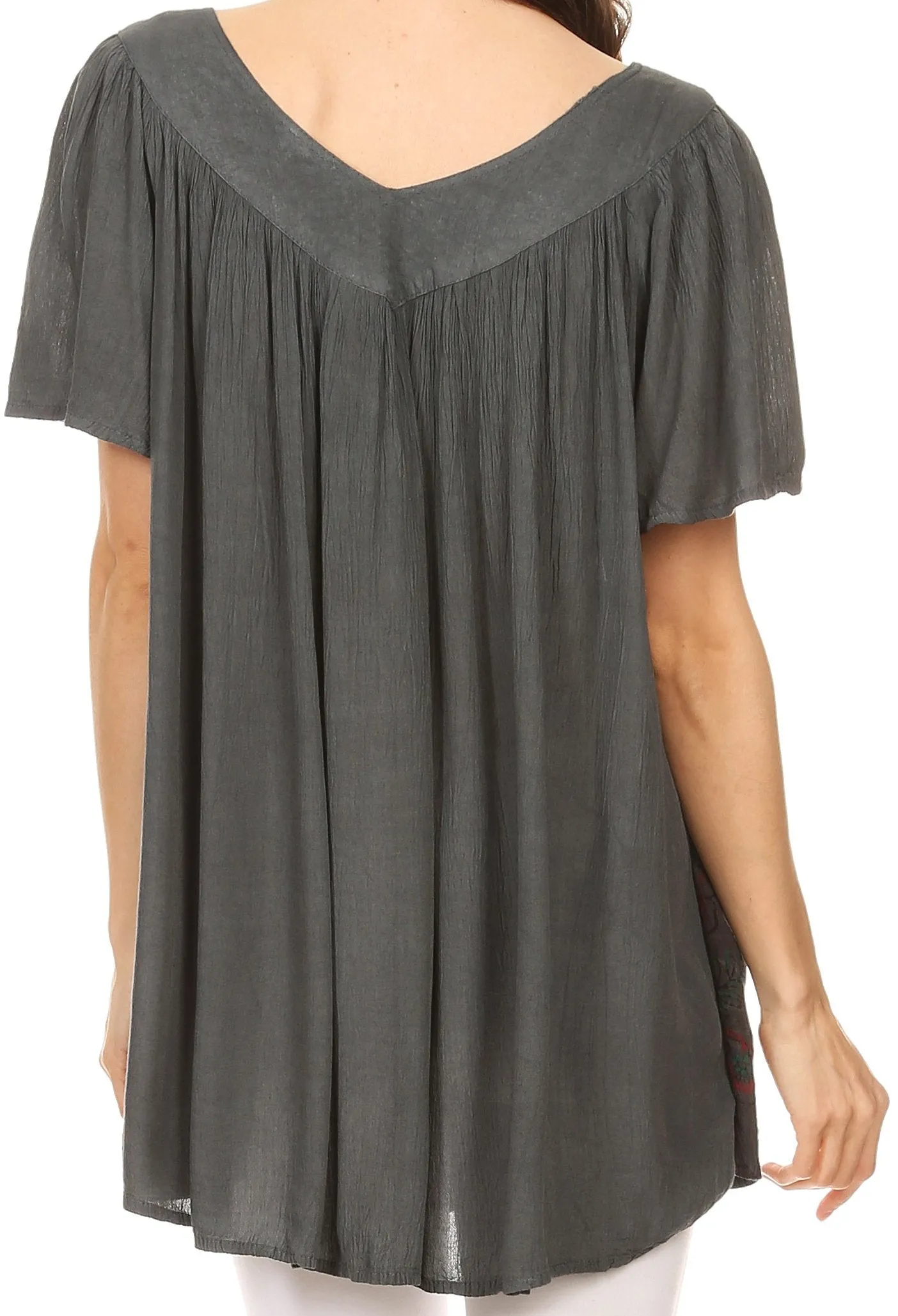 Sakkas Kyla Relaxed Fit Floral Sequin Embroidered V-neck Cap Sleeve Blouse / Top