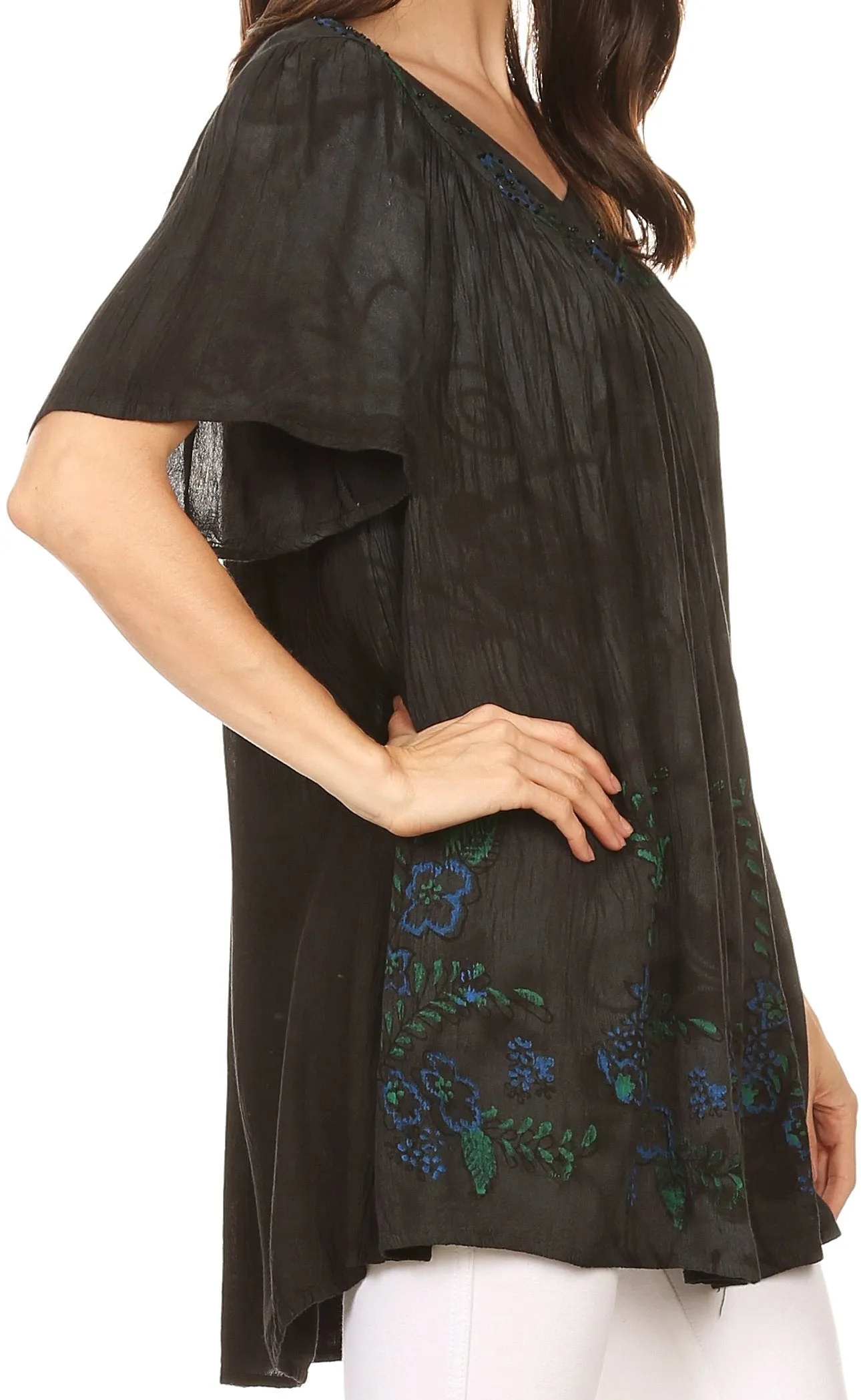 Sakkas Kyla Relaxed Fit Floral Sequin Embroidered V-neck Cap Sleeve Blouse / Top