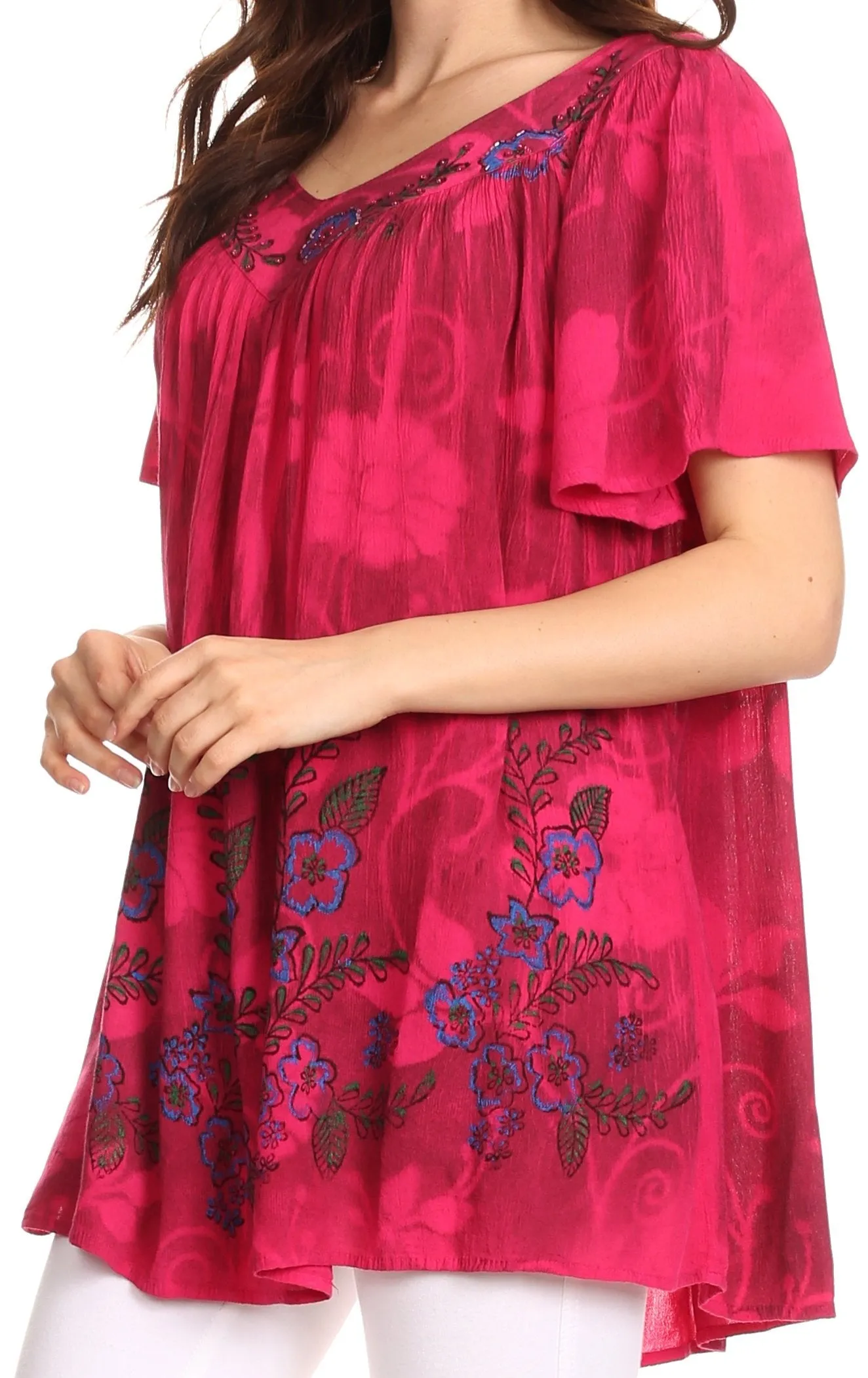 Sakkas Kyla Relaxed Fit Floral Sequin Embroidered V-neck Cap Sleeve Blouse / Top