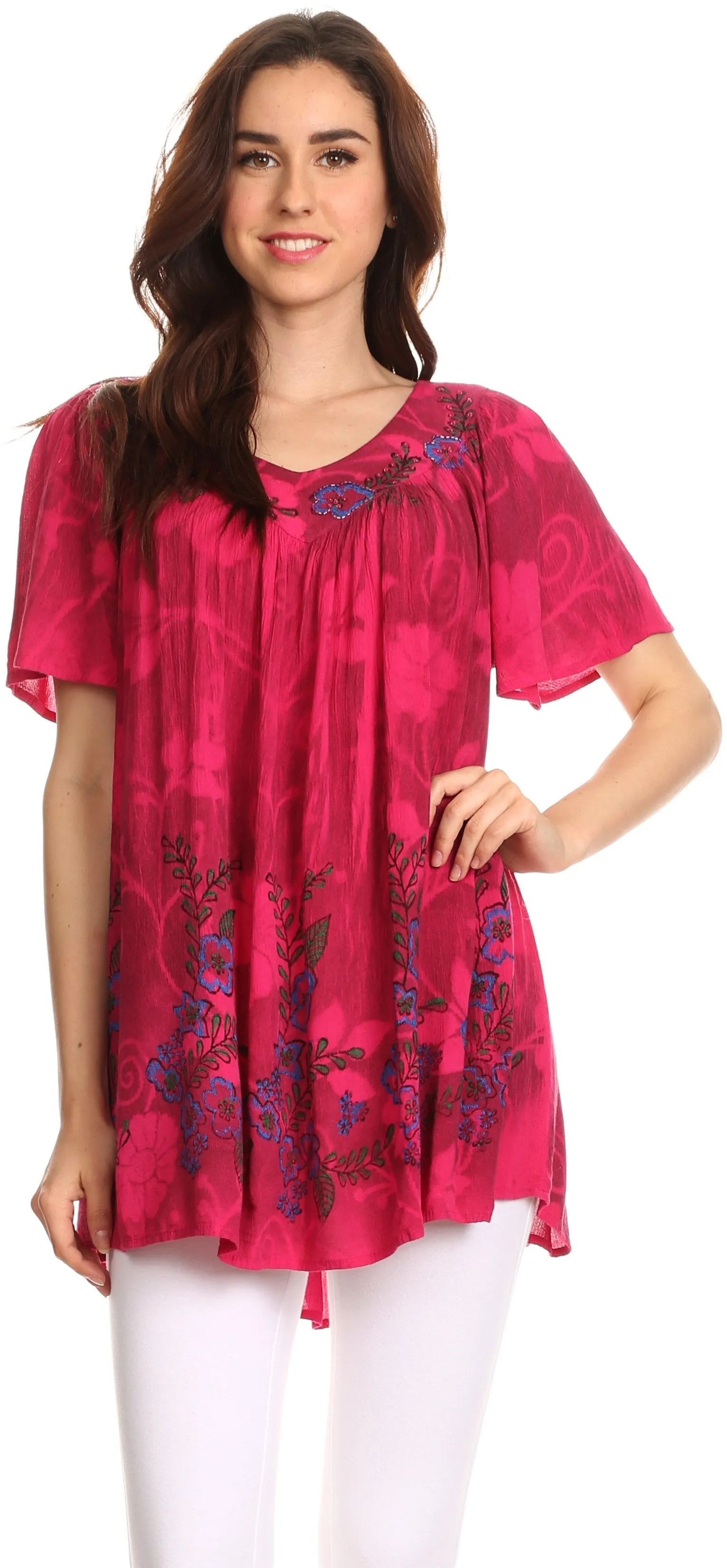 Sakkas Kyla Relaxed Fit Floral Sequin Embroidered V-neck Cap Sleeve Blouse / Top