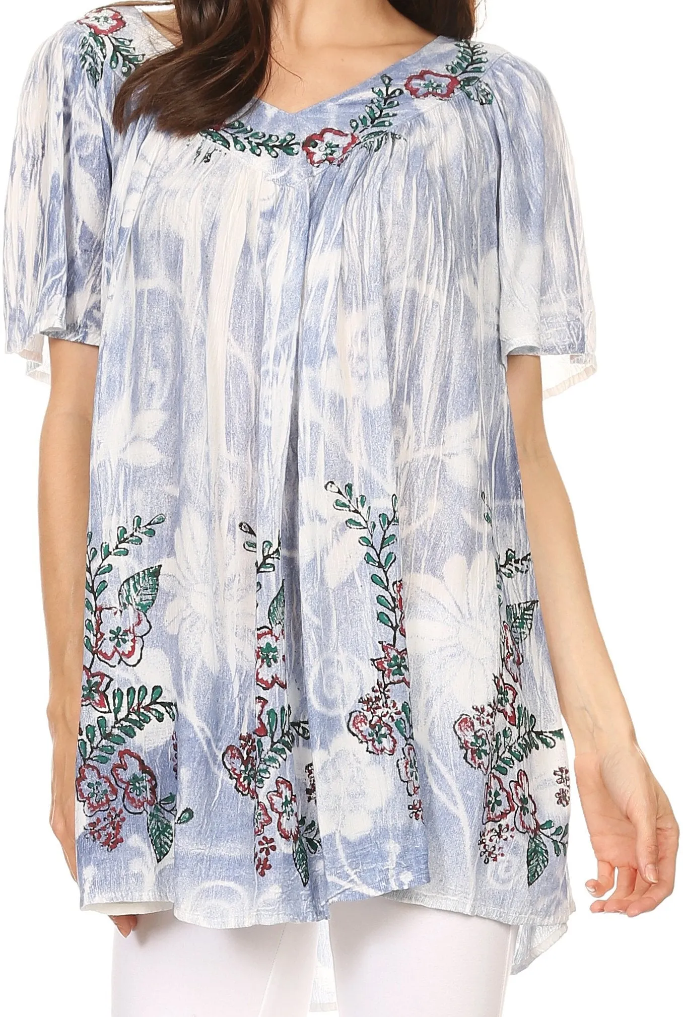 Sakkas Kyla Relaxed Fit Floral Sequin Embroidered V-neck Cap Sleeve Blouse / Top