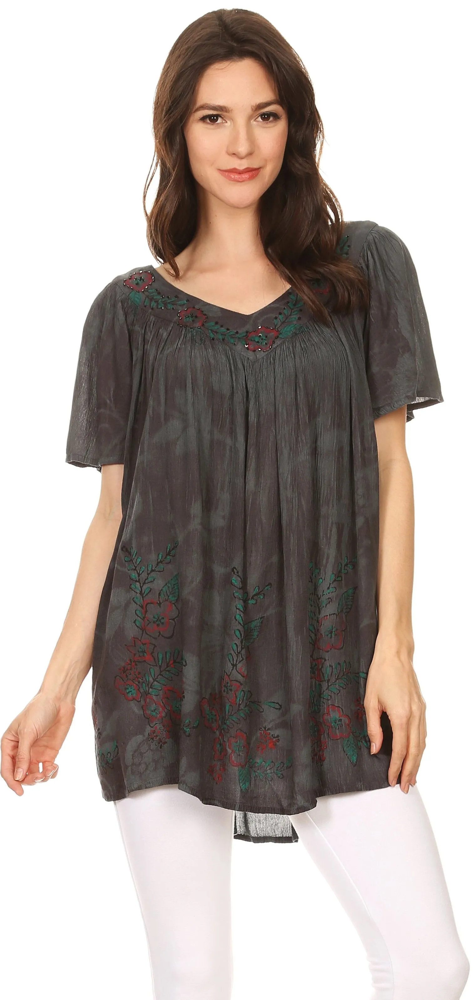 Sakkas Kyla Relaxed Fit Floral Sequin Embroidered V-neck Cap Sleeve Blouse / Top