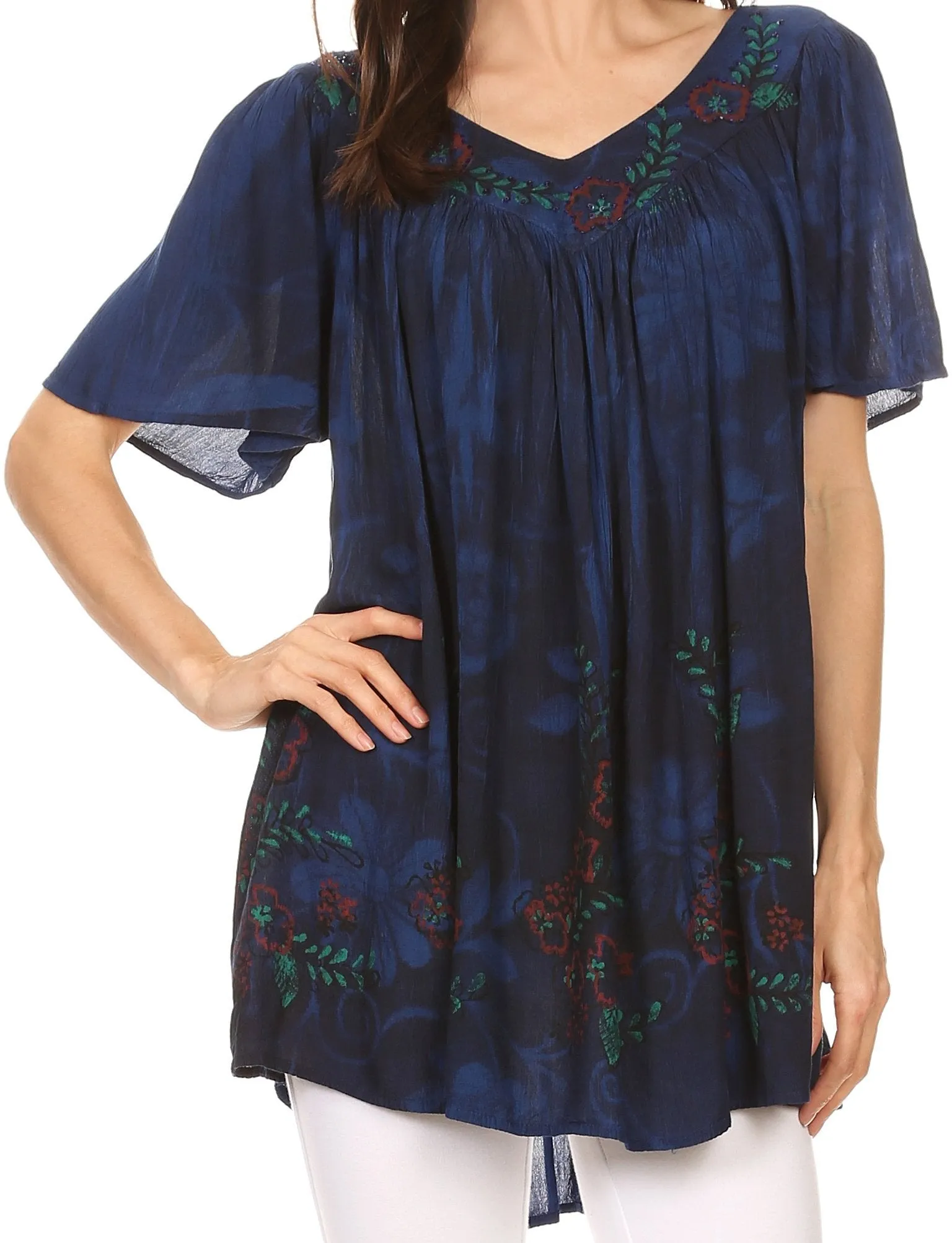 Sakkas Kyla Relaxed Fit Floral Sequin Embroidered V-neck Cap Sleeve Blouse / Top