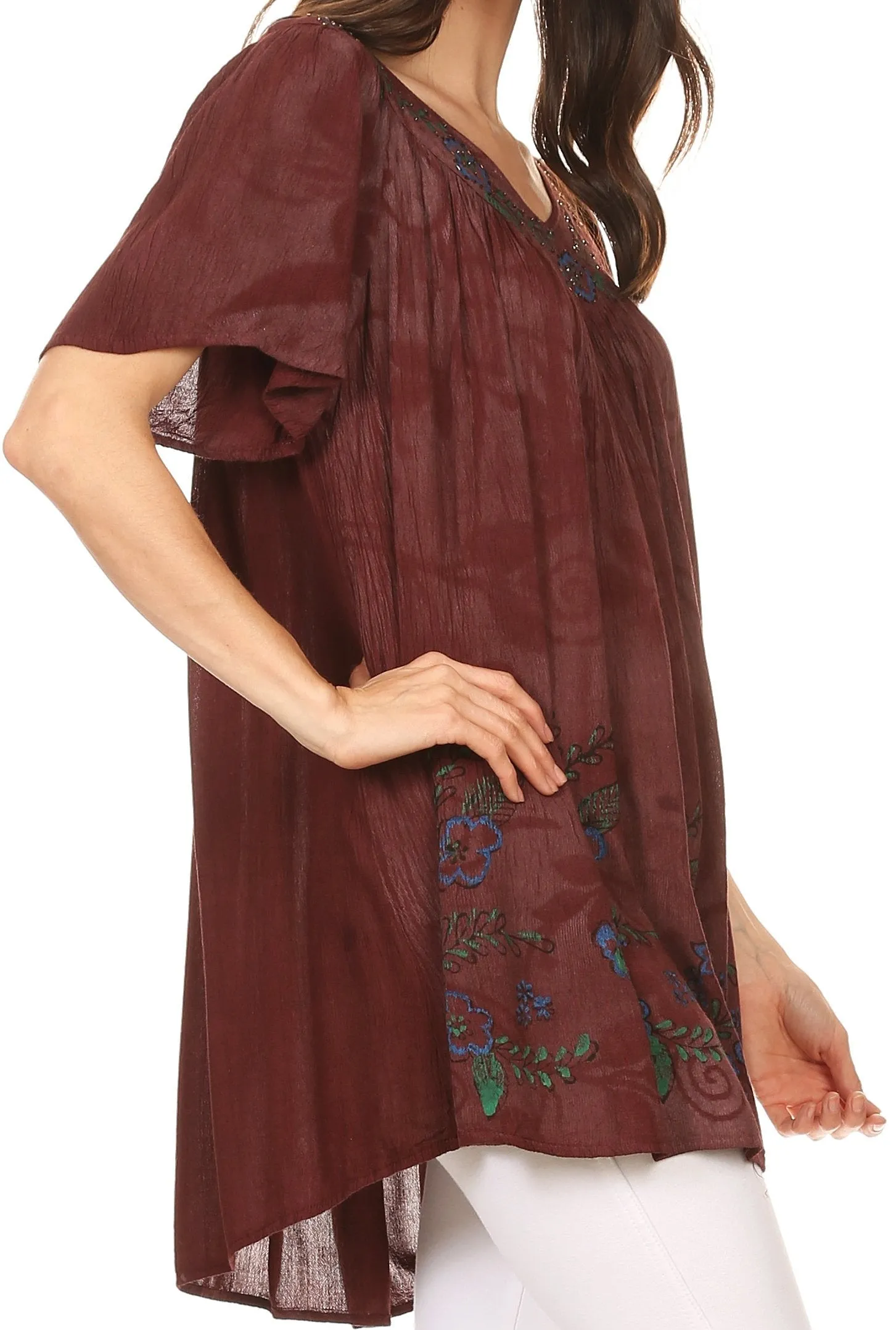 Sakkas Kyla Relaxed Fit Floral Sequin Embroidered V-neck Cap Sleeve Blouse / Top