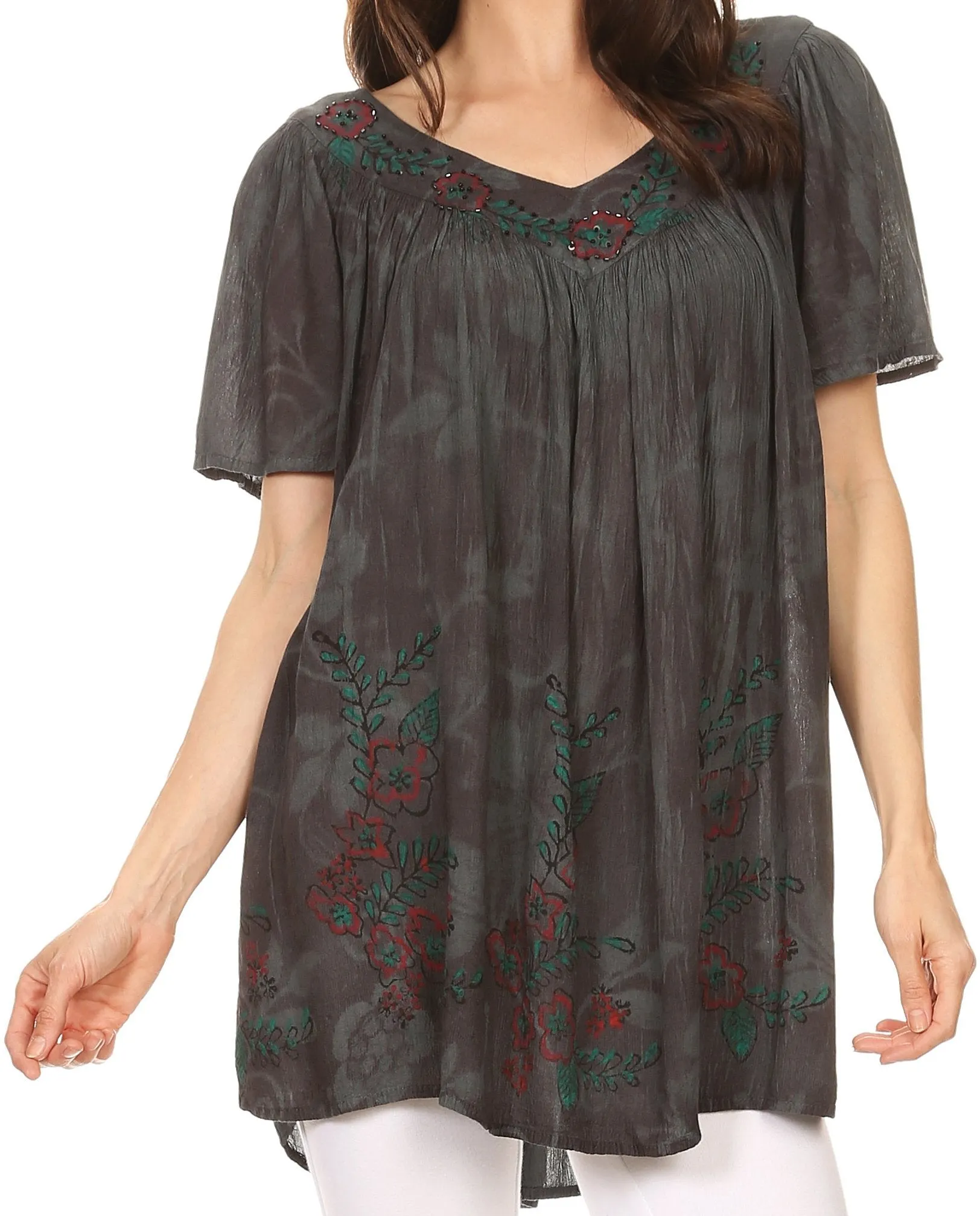 Sakkas Kyla Relaxed Fit Floral Sequin Embroidered V-neck Cap Sleeve Blouse / Top