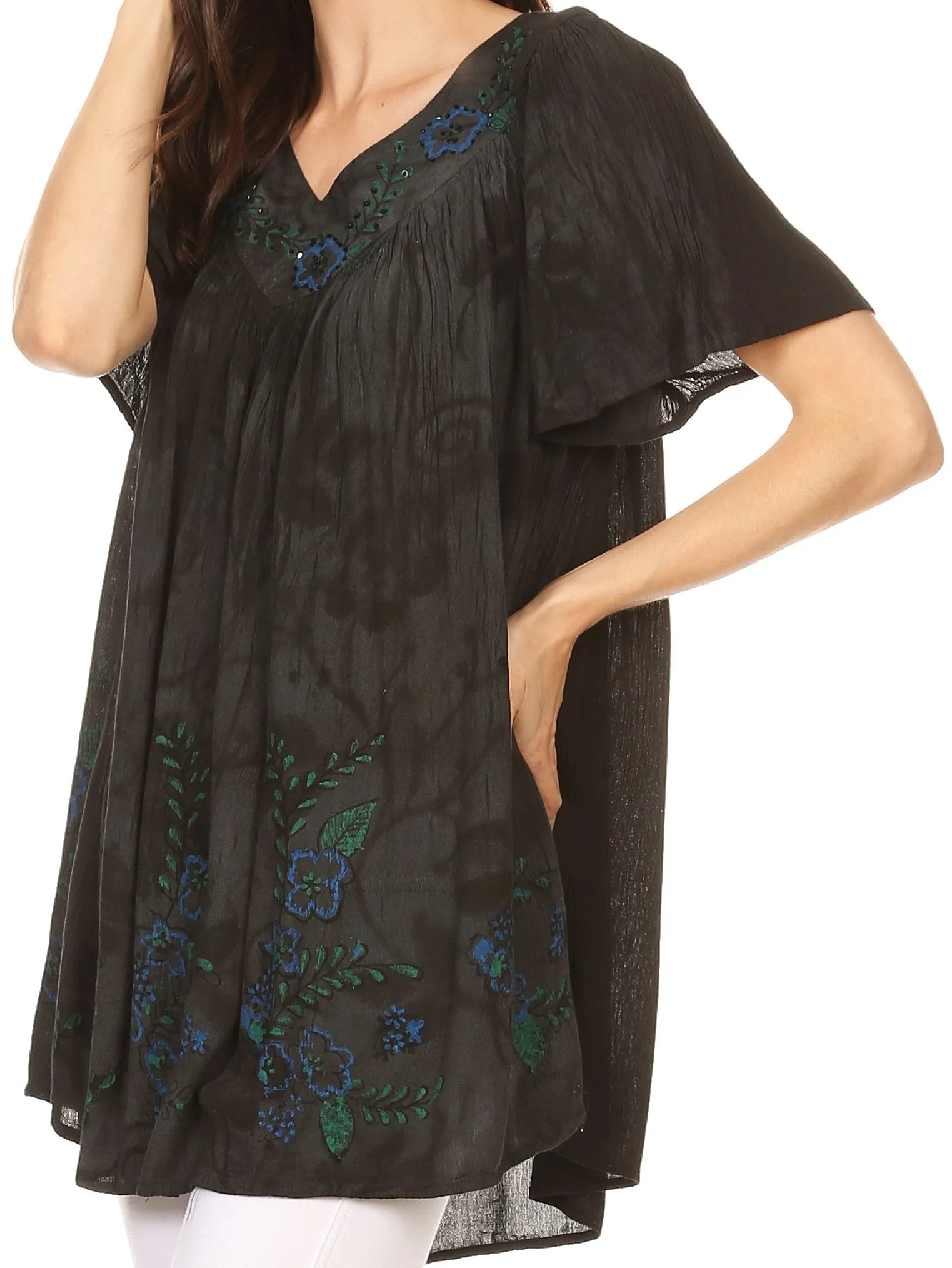 Sakkas Kyla Relaxed Fit Floral Sequin Embroidered V-neck Cap Sleeve Blouse / Top