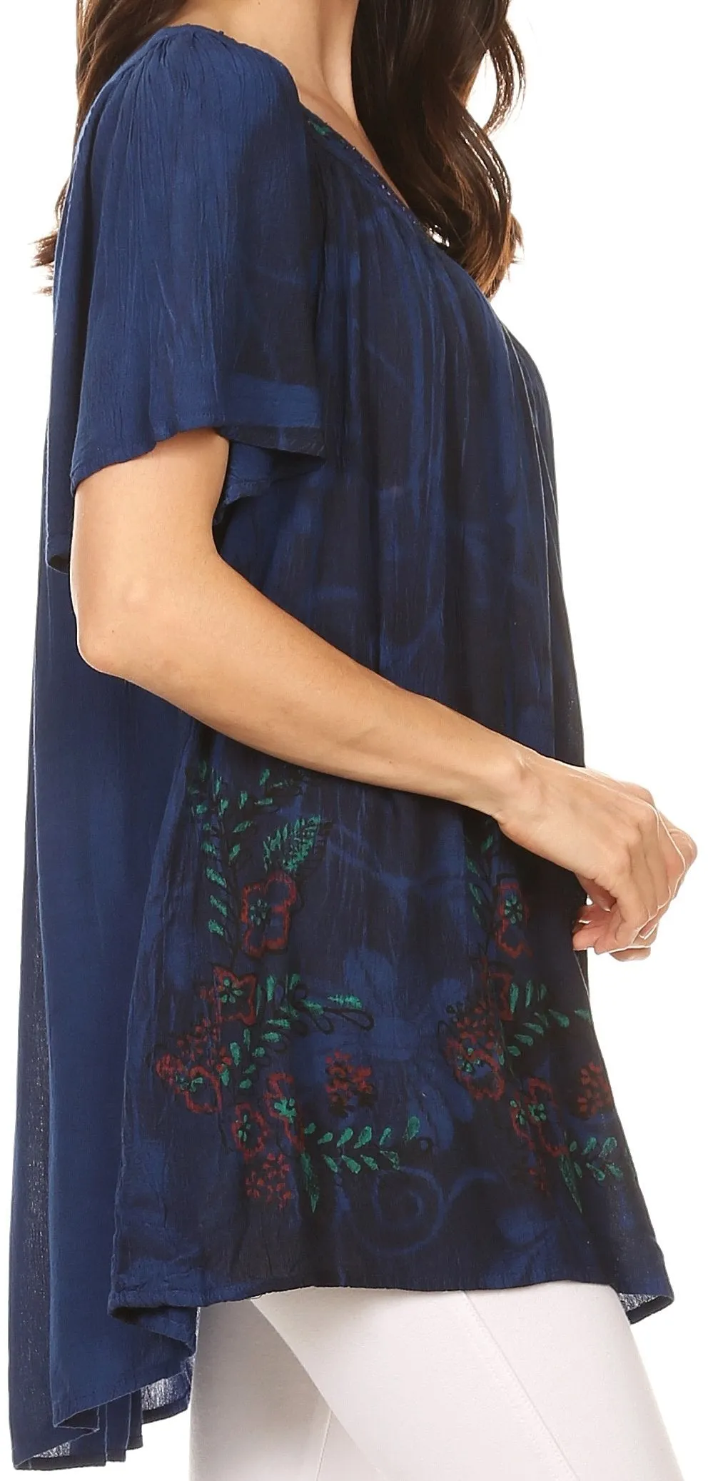 Sakkas Kyla Relaxed Fit Floral Sequin Embroidered V-neck Cap Sleeve Blouse / Top
