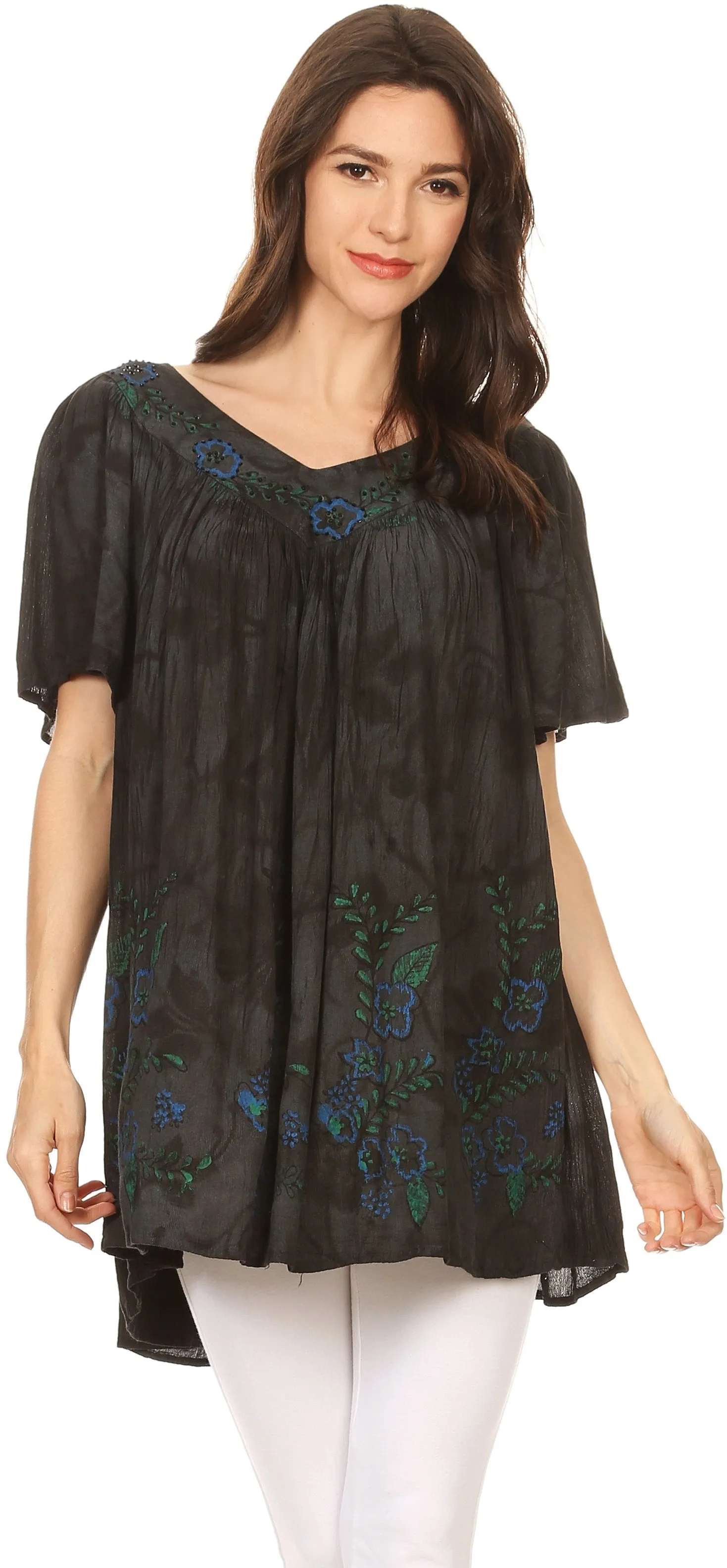 Sakkas Kyla Relaxed Fit Floral Sequin Embroidered V-neck Cap Sleeve Blouse / Top