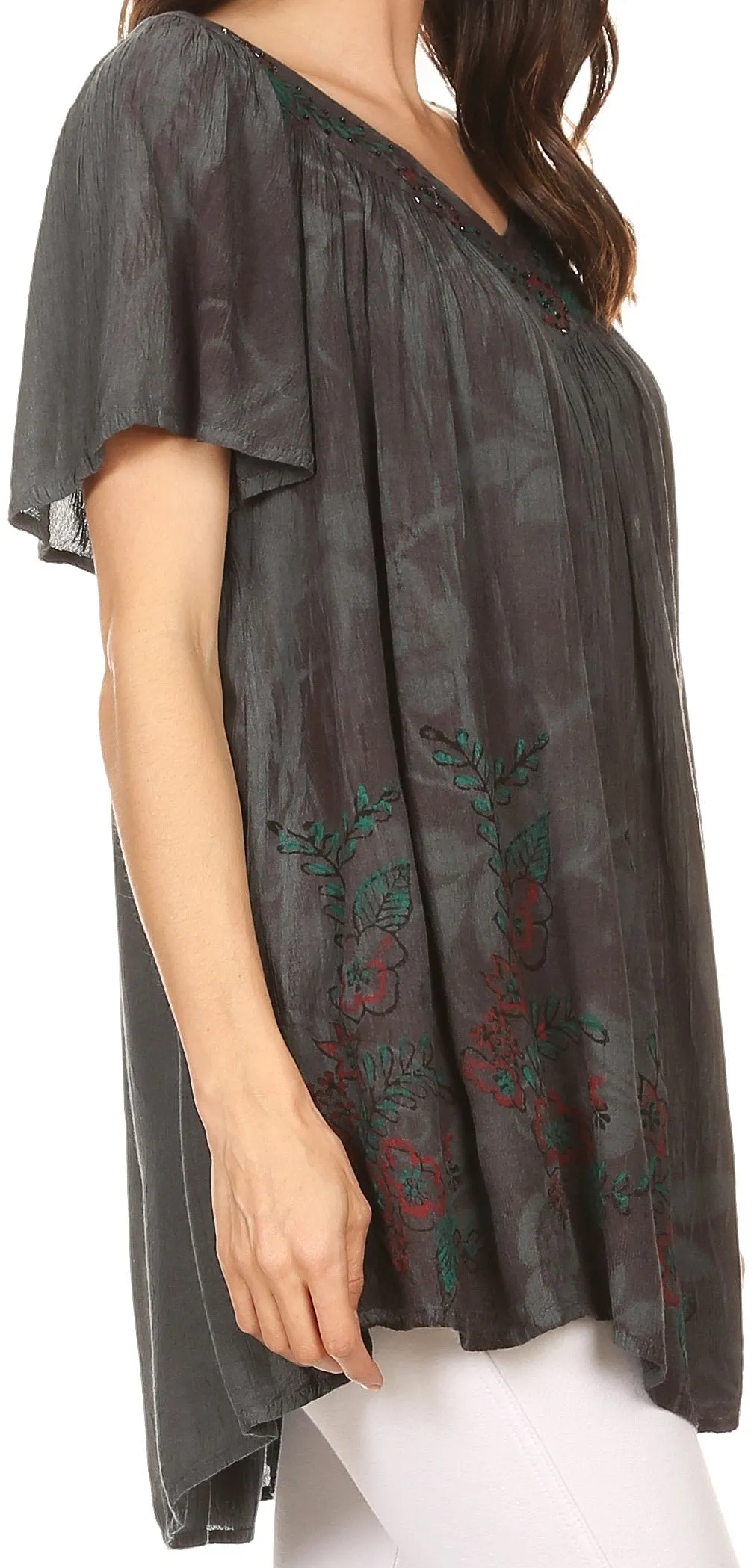 Sakkas Kyla Relaxed Fit Floral Sequin Embroidered V-neck Cap Sleeve Blouse / Top