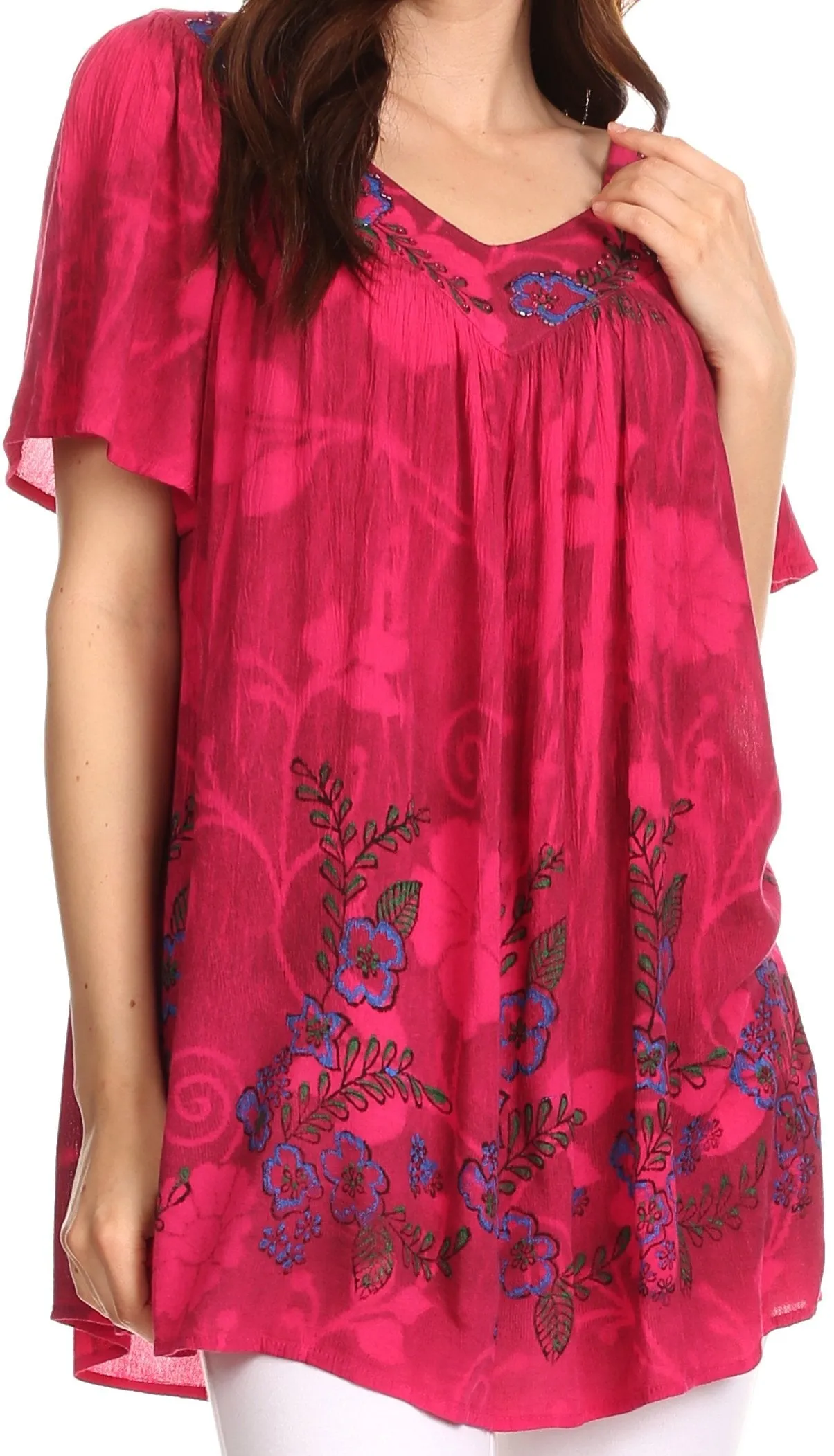 Sakkas Kyla Relaxed Fit Floral Sequin Embroidered V-neck Cap Sleeve Blouse / Top
