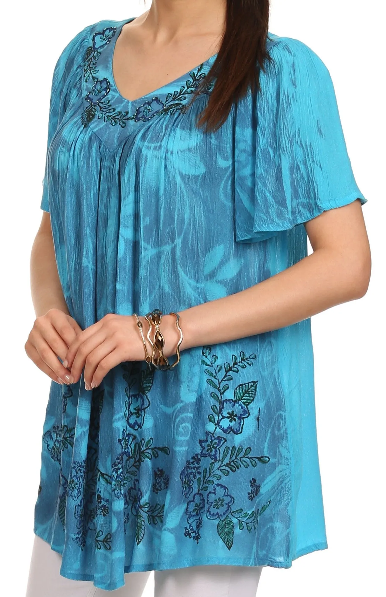 Sakkas Kyla Relaxed Fit Floral Sequin Embroidered V-neck Cap Sleeve Blouse / Top