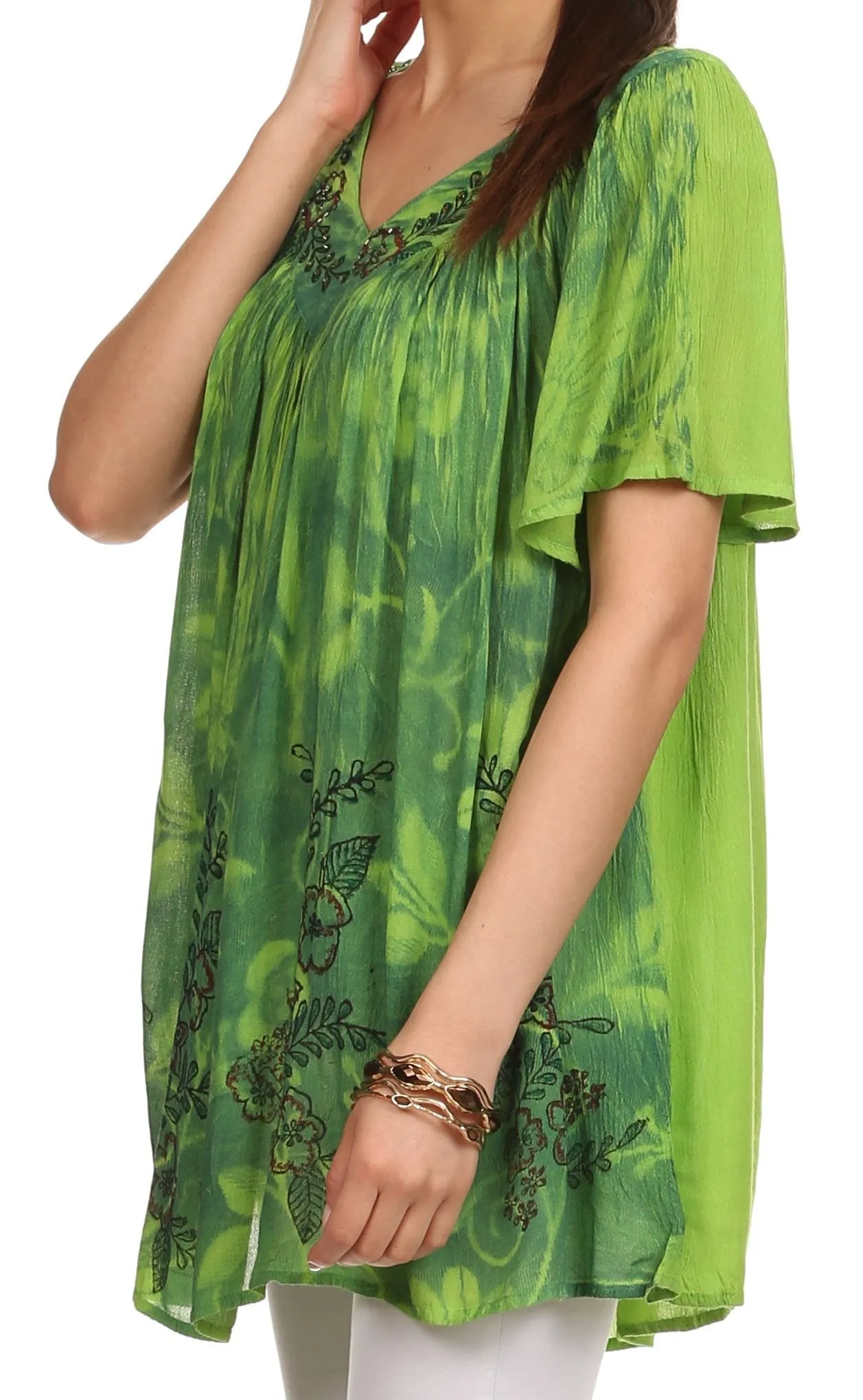 Sakkas Kyla Relaxed Fit Floral Sequin Embroidered V-neck Cap Sleeve Blouse / Top