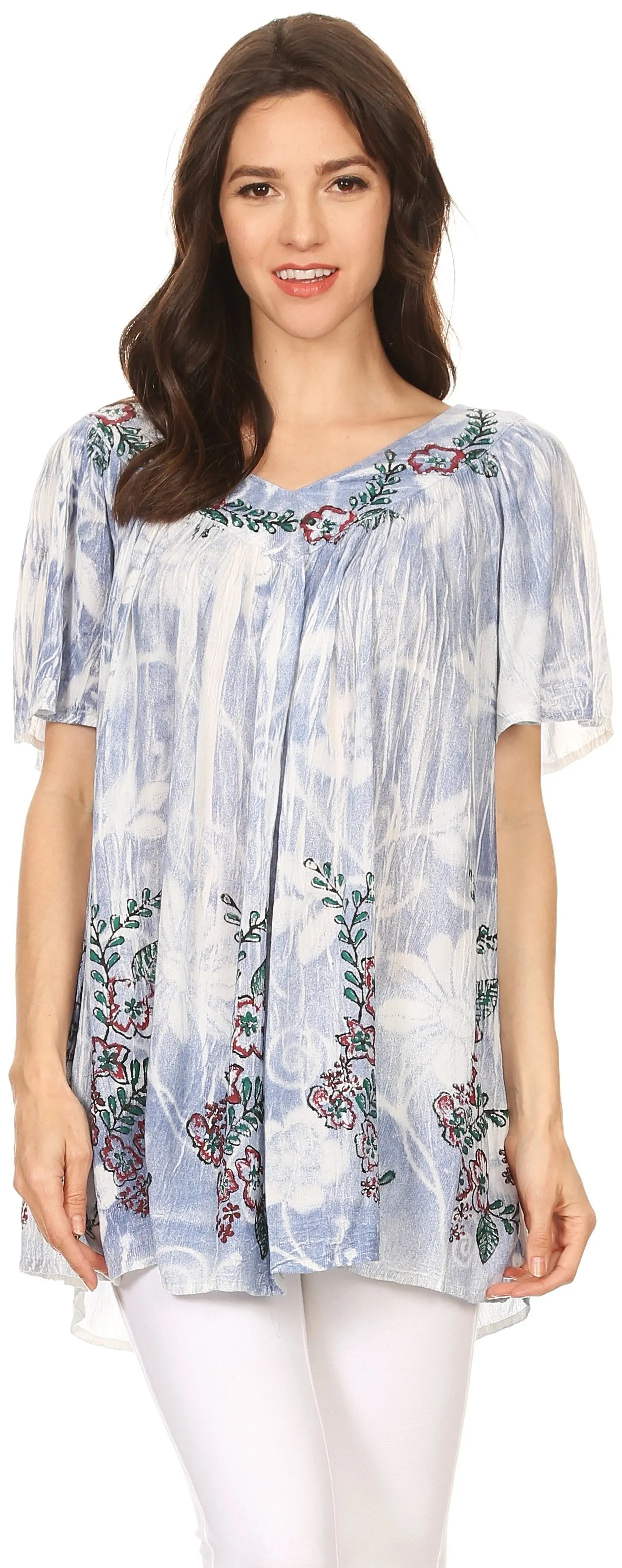 Sakkas Kyla Relaxed Fit Floral Sequin Embroidered V-neck Cap Sleeve Blouse / Top
