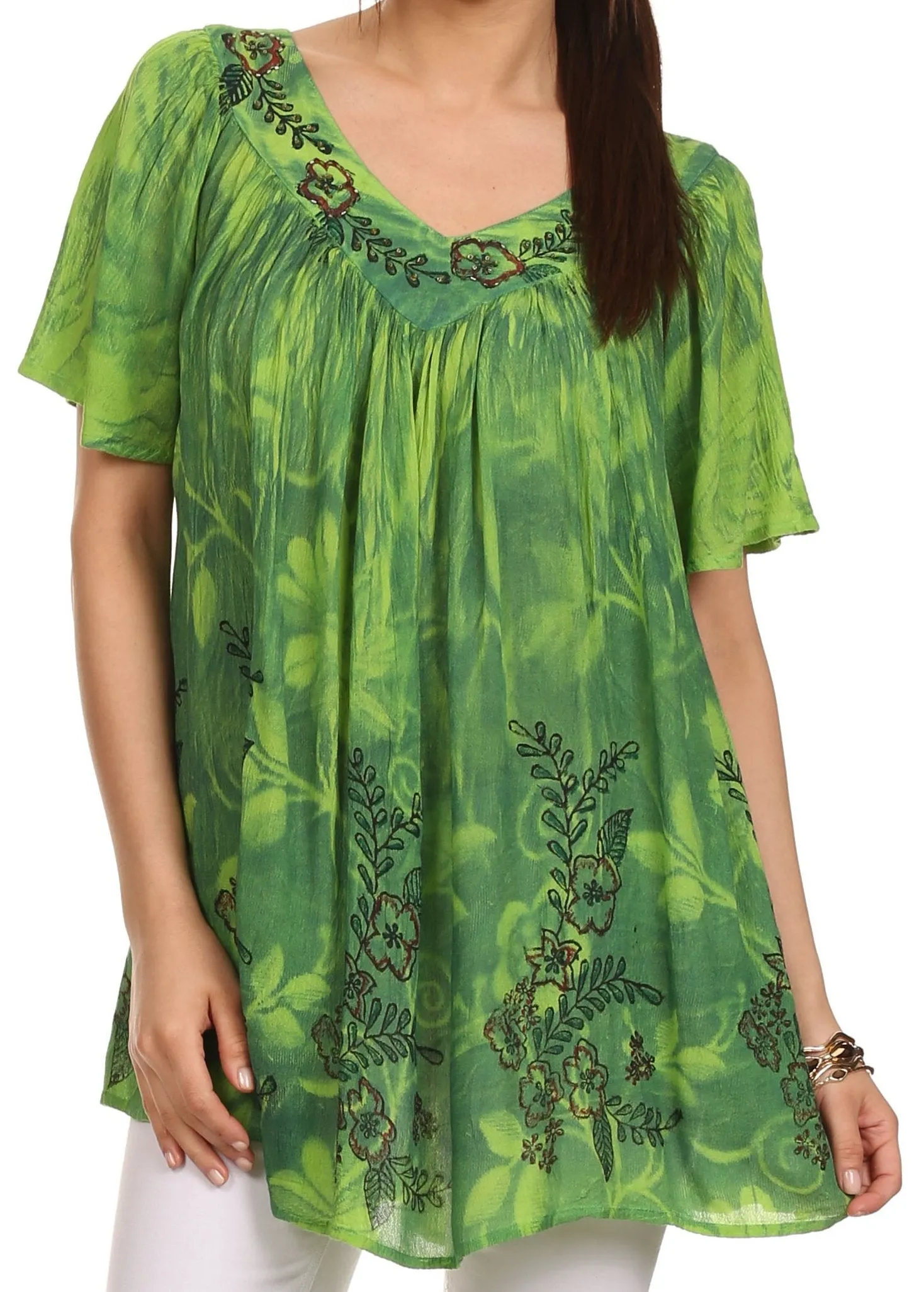 Sakkas Kyla Relaxed Fit Floral Sequin Embroidered V-neck Cap Sleeve Blouse / Top
