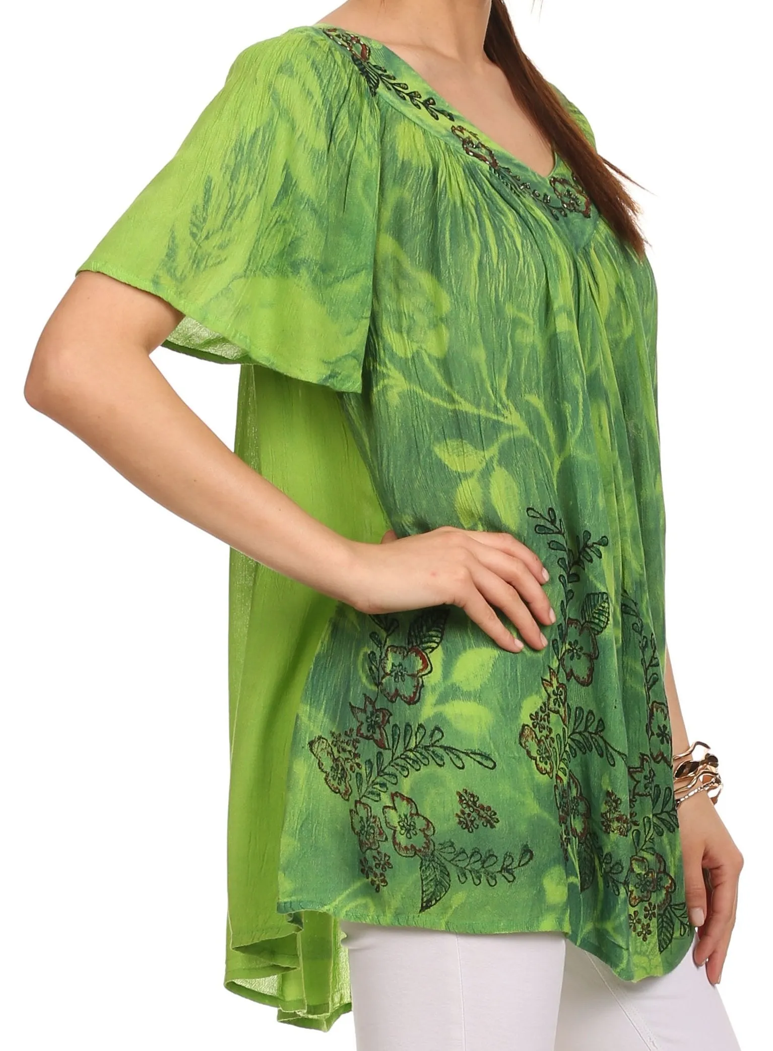 Sakkas Kyla Relaxed Fit Floral Sequin Embroidered V-neck Cap Sleeve Blouse / Top