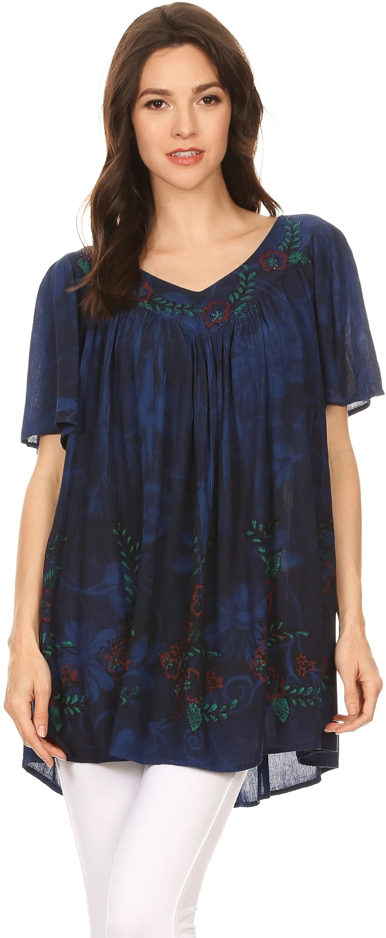 Sakkas Kyla Relaxed Fit Floral Sequin Embroidered V-neck Cap Sleeve Blouse / Top