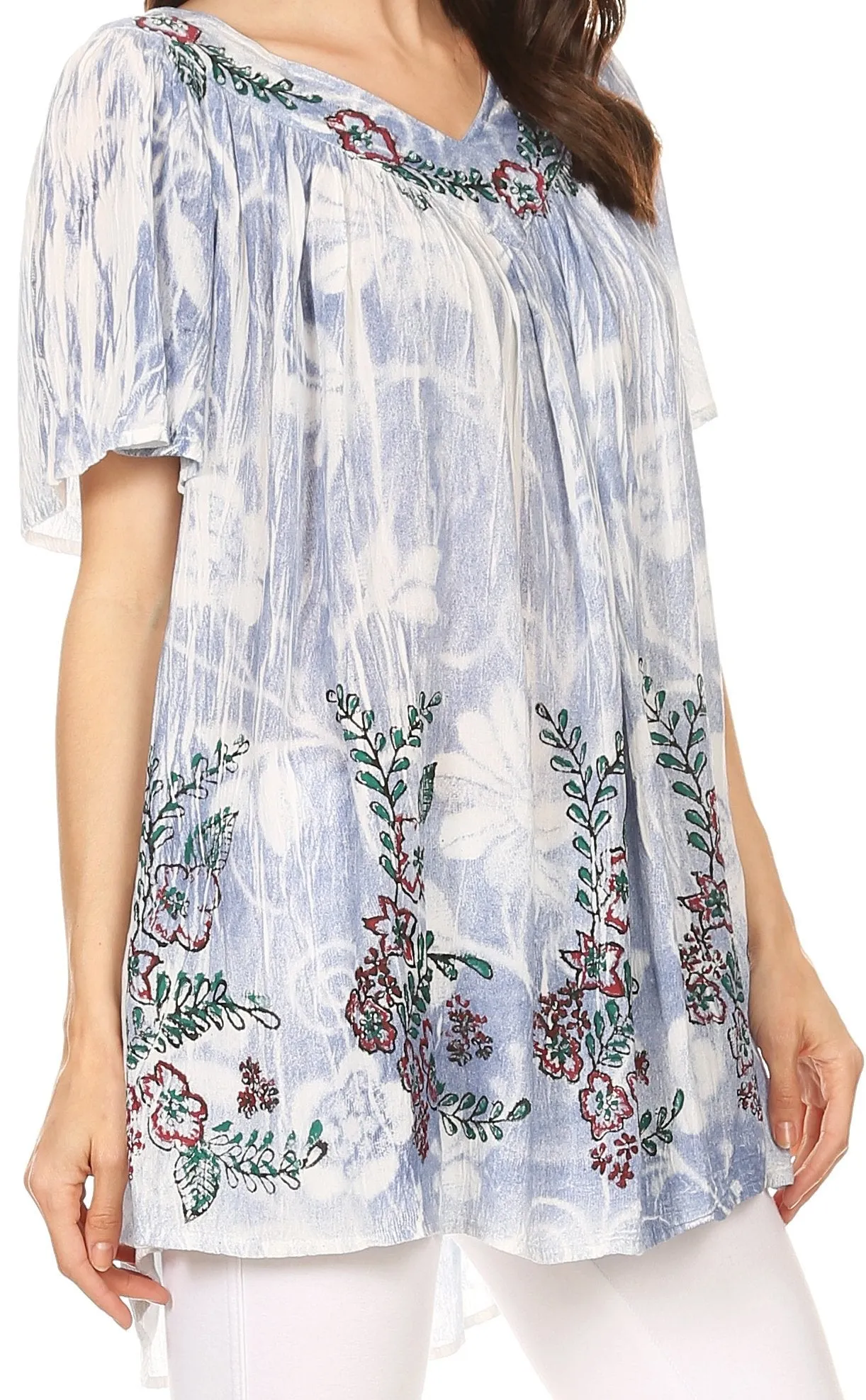 Sakkas Kyla Relaxed Fit Floral Sequin Embroidered V-neck Cap Sleeve Blouse / Top