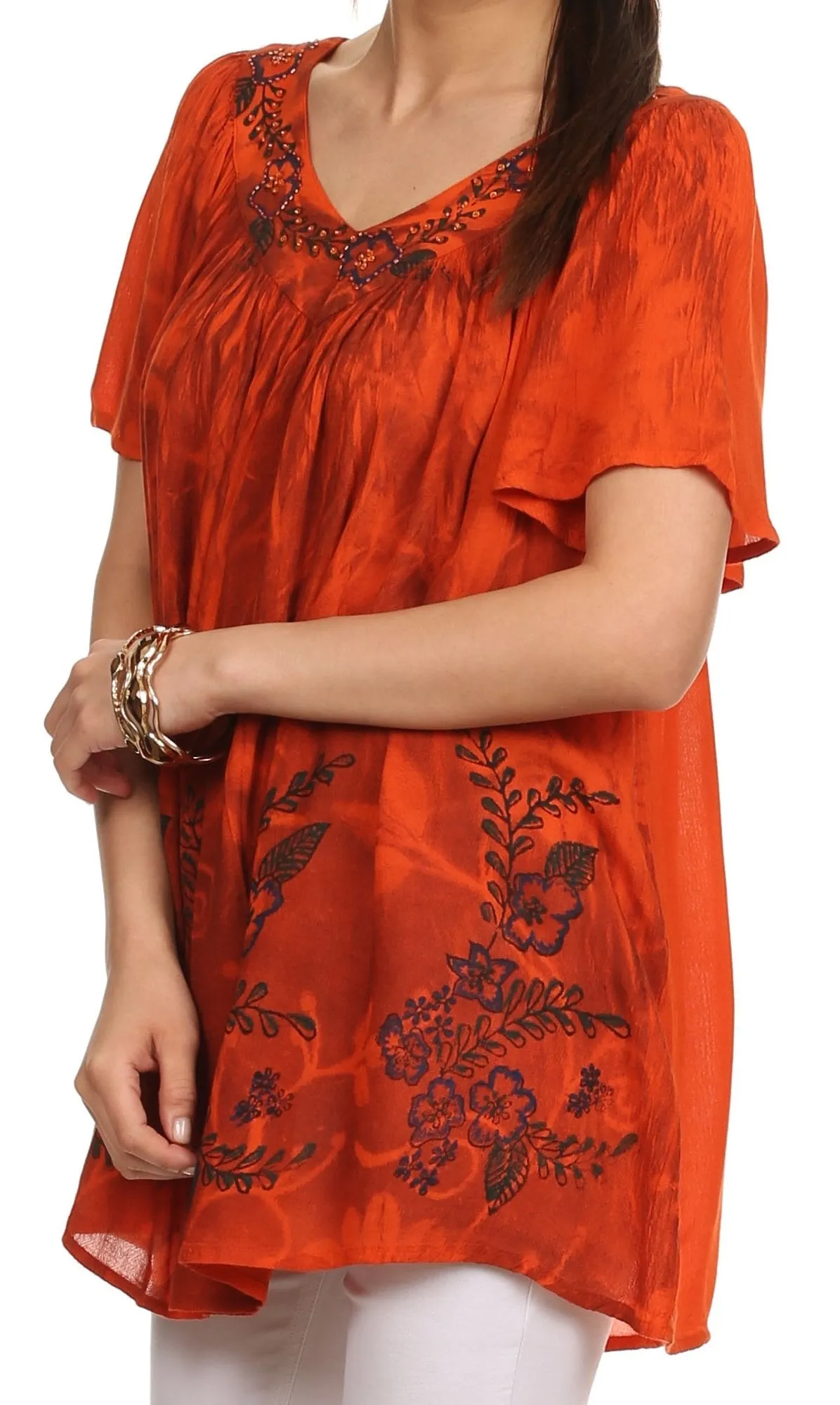 Sakkas Kyla Relaxed Fit Floral Sequin Embroidered V-neck Cap Sleeve Blouse / Top