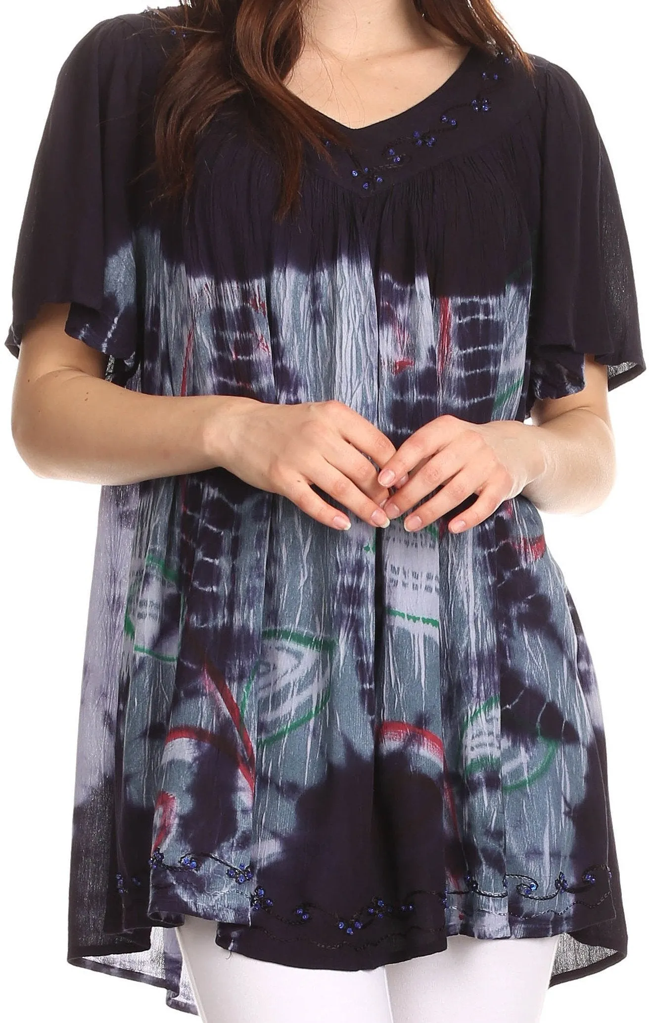 Sakkas Nia Tie Dye Sequin Embroidered V-Neck Cap Sleeve Blouse / Top