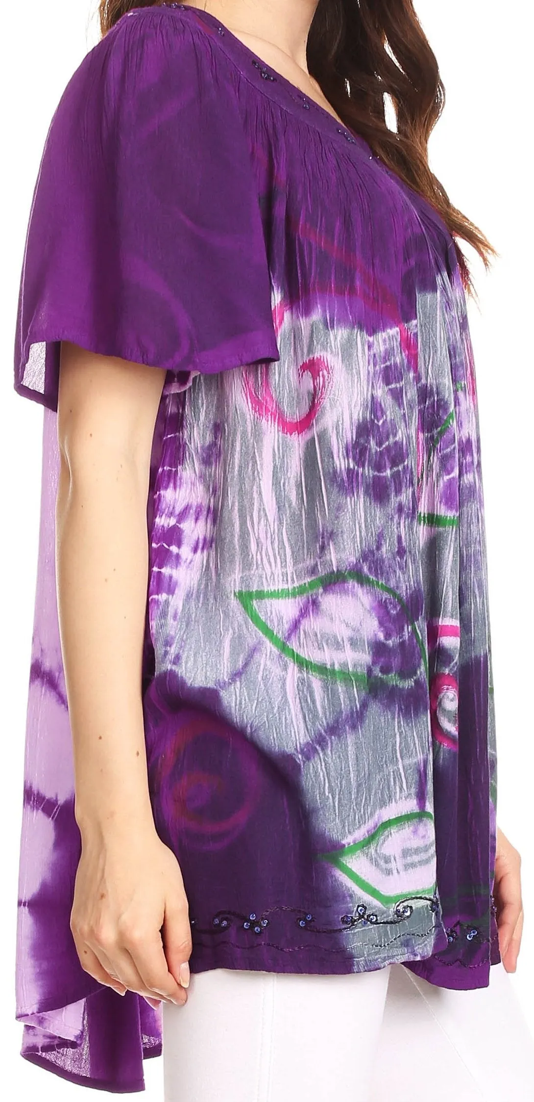 Sakkas Nia Tie Dye Sequin Embroidered V-Neck Cap Sleeve Blouse / Top