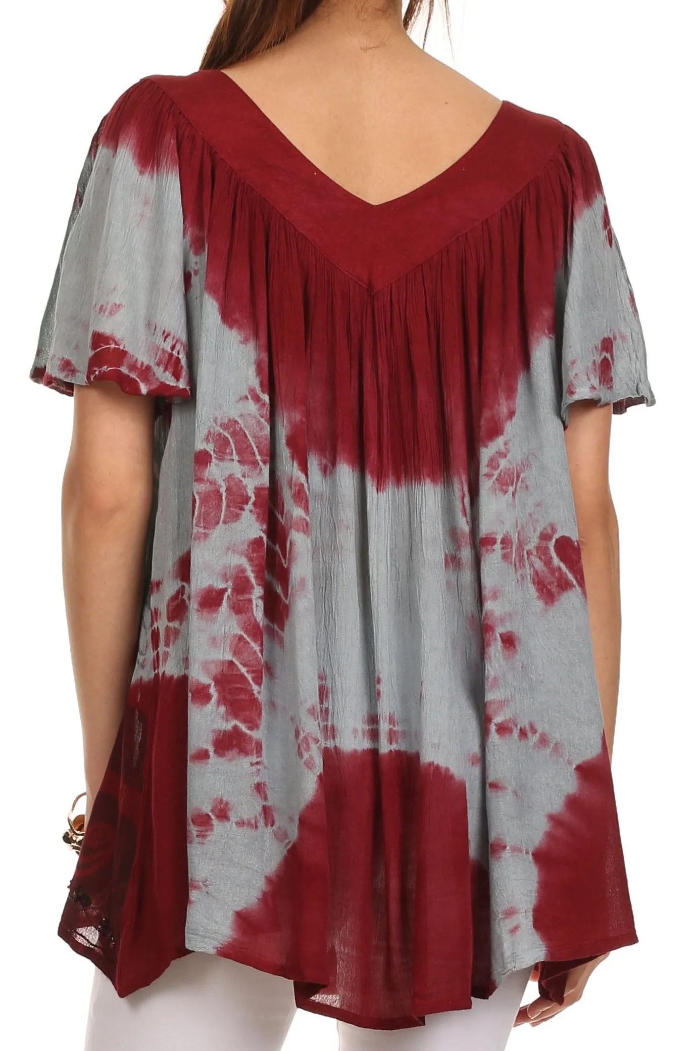 Sakkas Nia Tie Dye Sequin Embroidered V-Neck Cap Sleeve Blouse / Top
