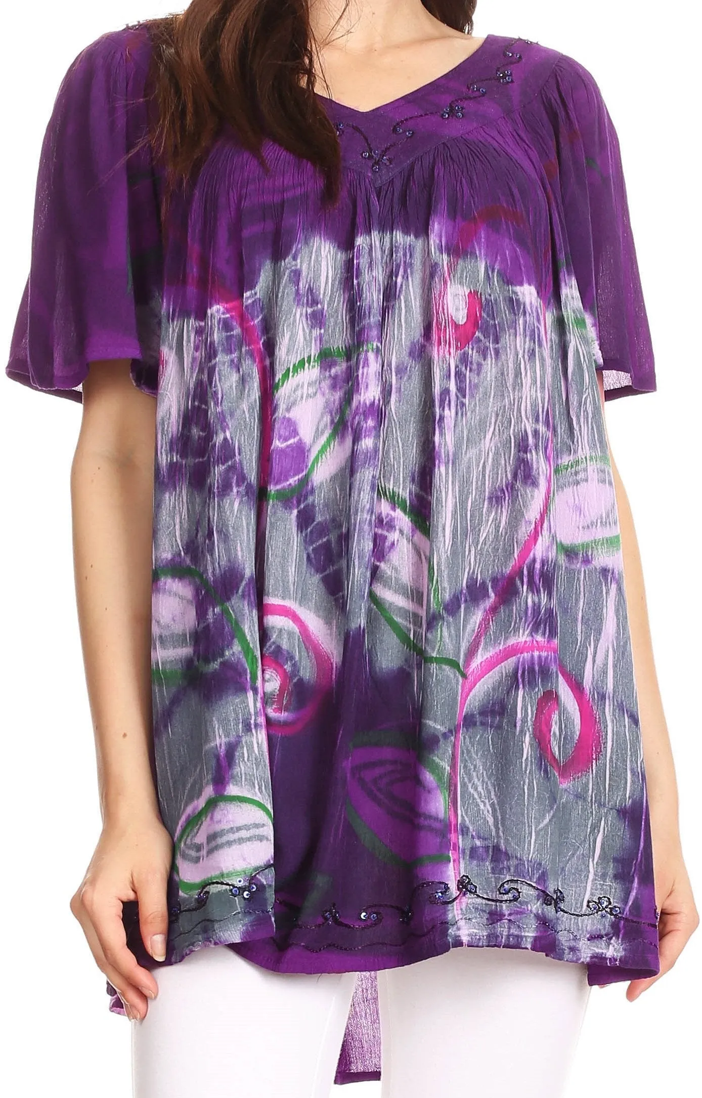 Sakkas Nia Tie Dye Sequin Embroidered V-Neck Cap Sleeve Blouse / Top