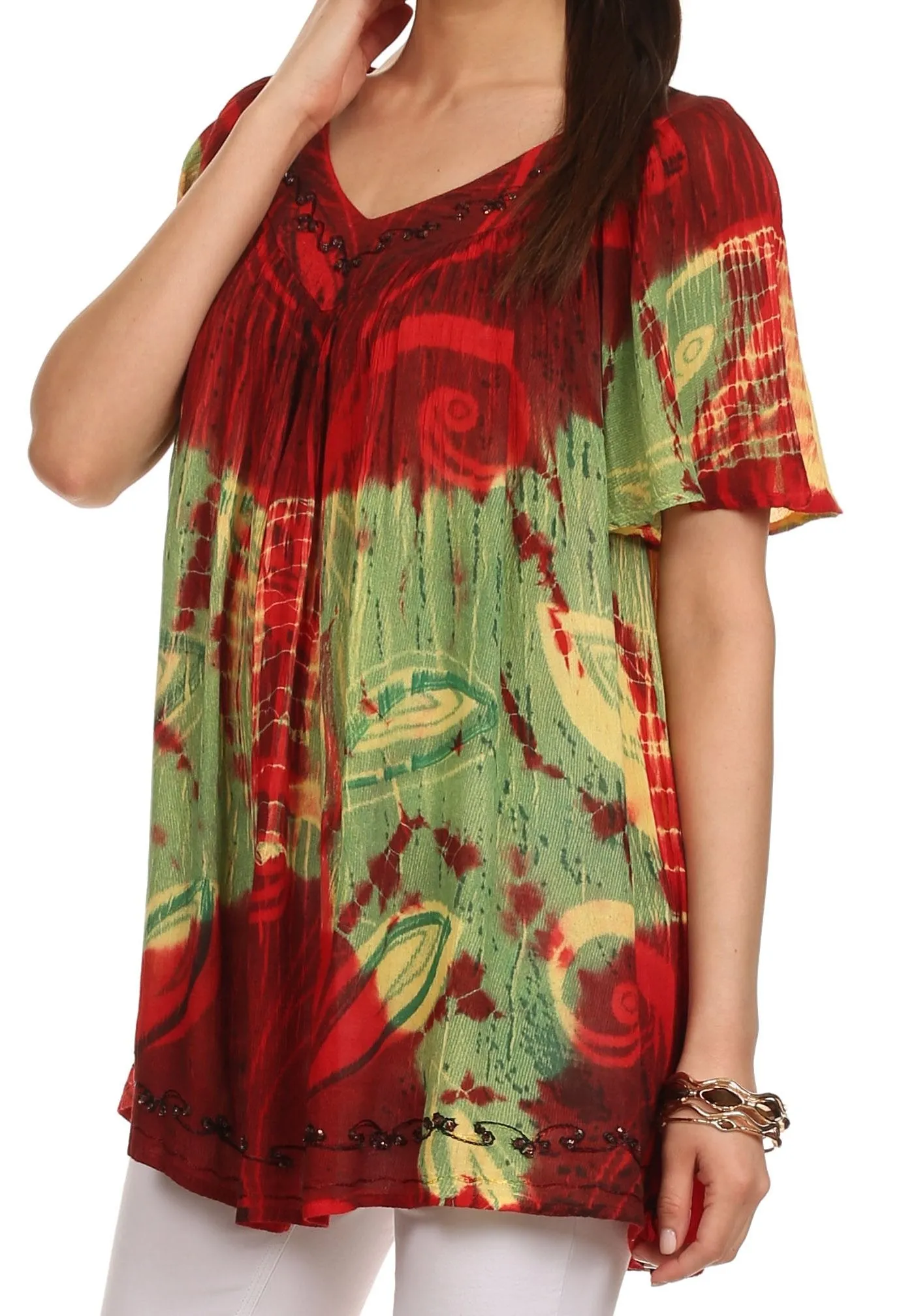 Sakkas Nia Tie Dye Sequin Embroidered V-Neck Cap Sleeve Blouse / Top