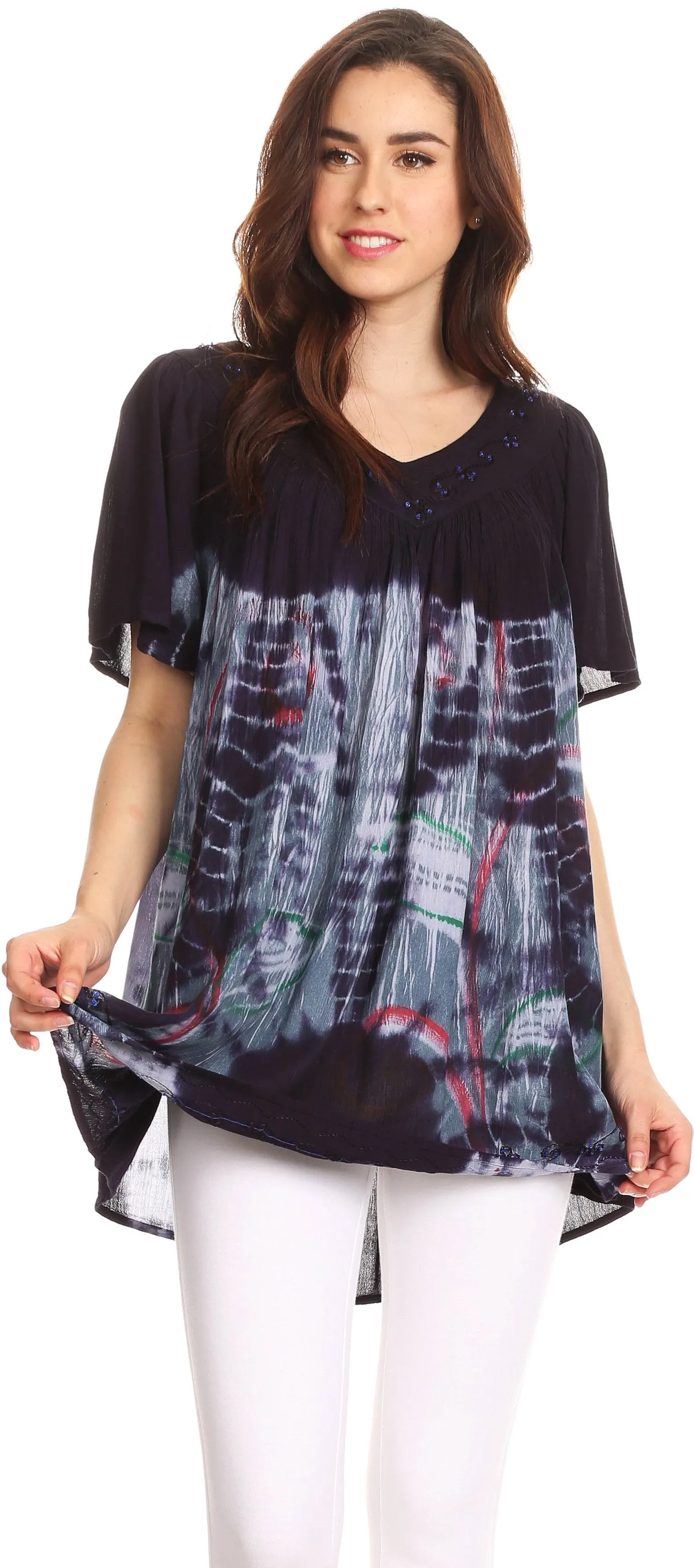 Sakkas Nia Tie Dye Sequin Embroidered V-Neck Cap Sleeve Blouse / Top