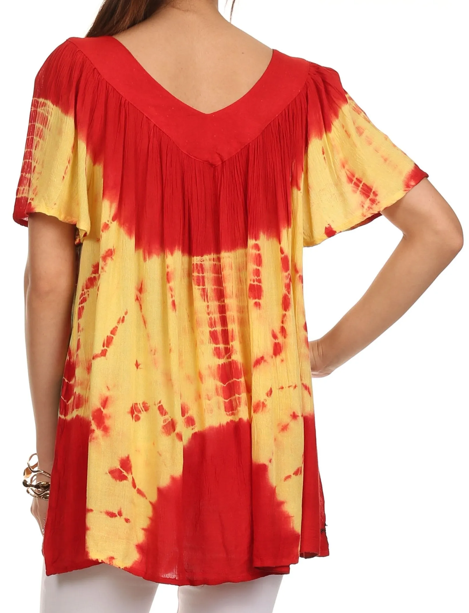 Sakkas Nia Tie Dye Sequin Embroidered V-Neck Cap Sleeve Blouse / Top