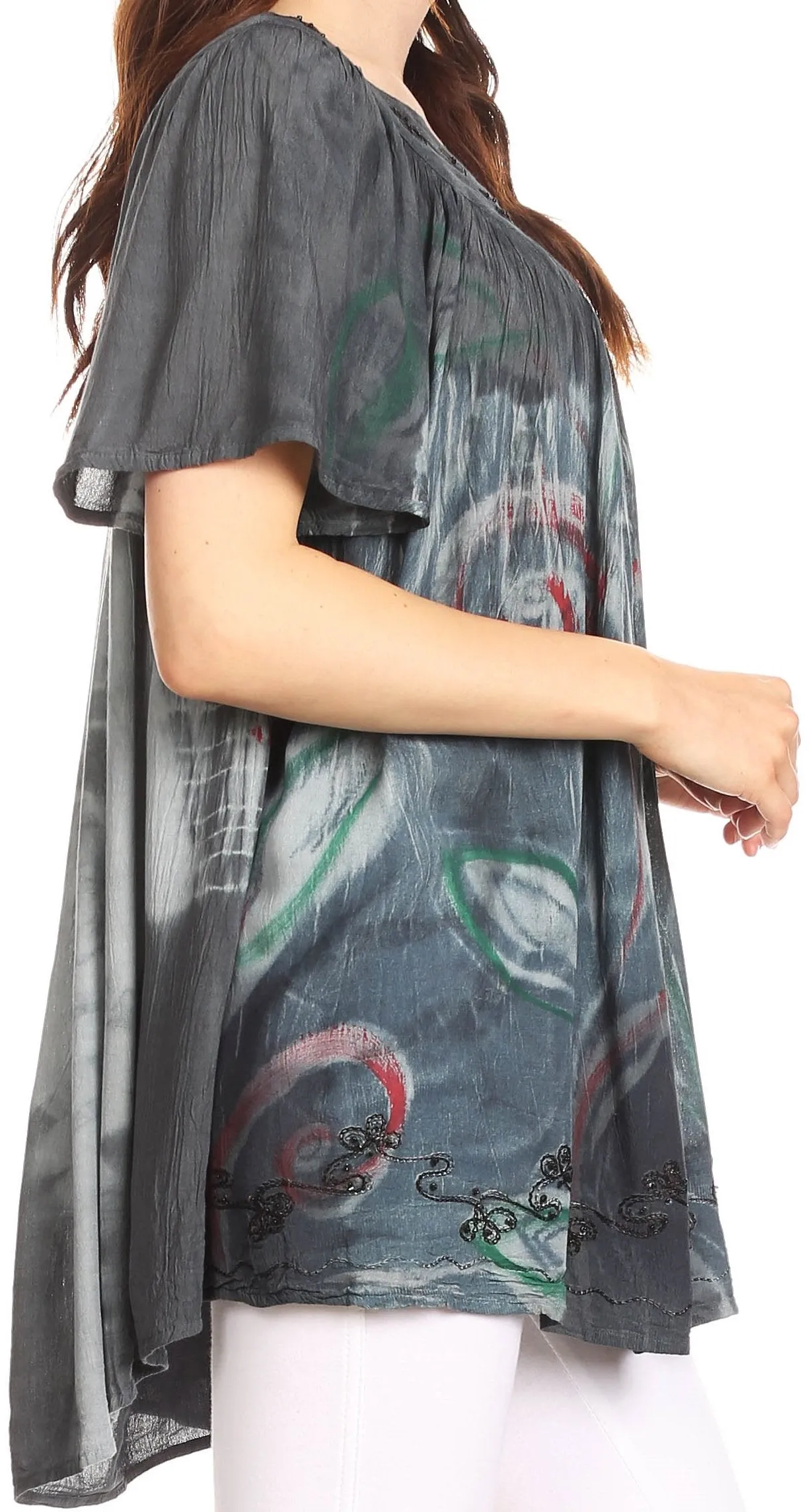 Sakkas Nia Tie Dye Sequin Embroidered V-Neck Cap Sleeve Blouse / Top