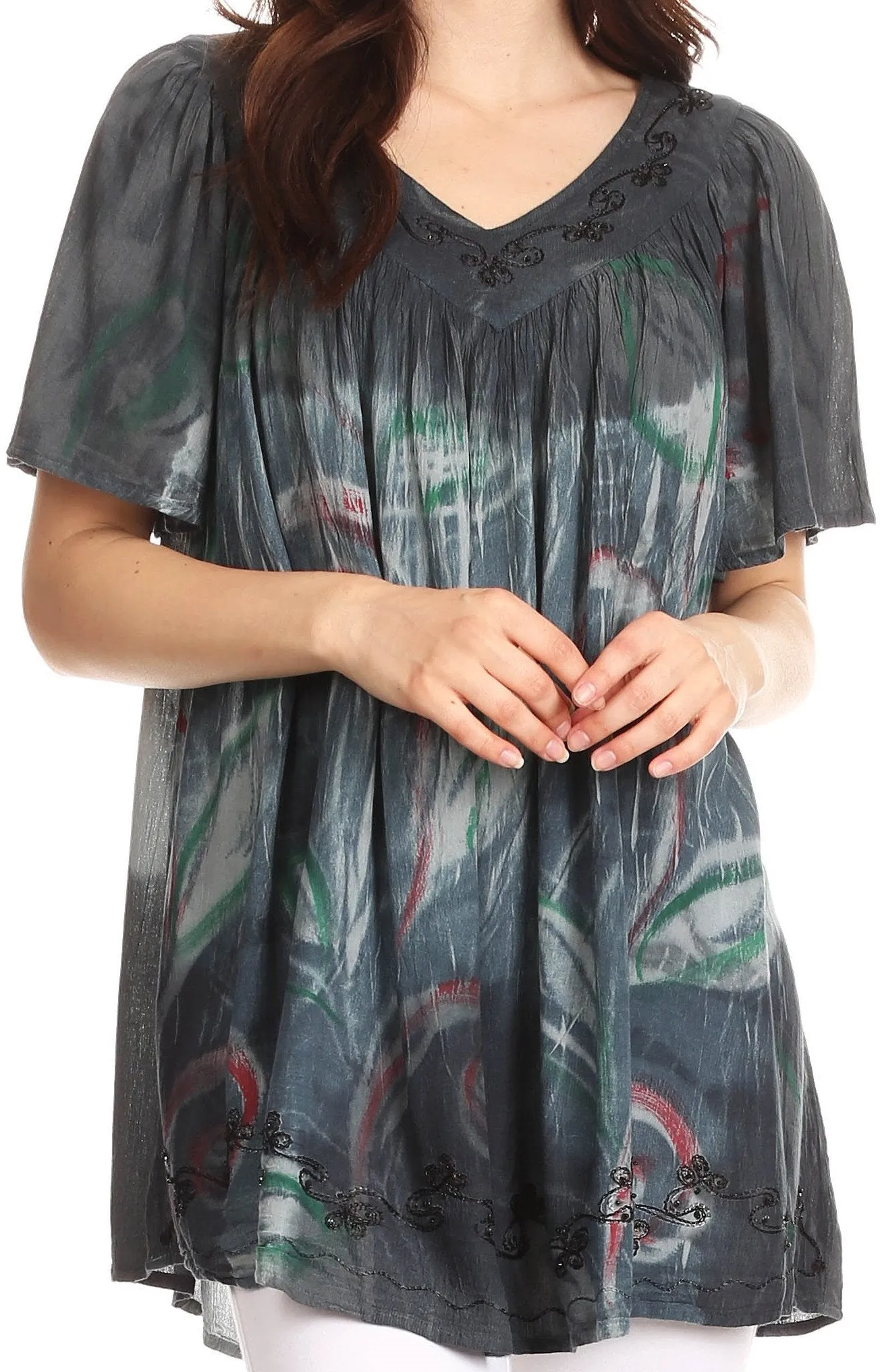 Sakkas Nia Tie Dye Sequin Embroidered V-Neck Cap Sleeve Blouse / Top