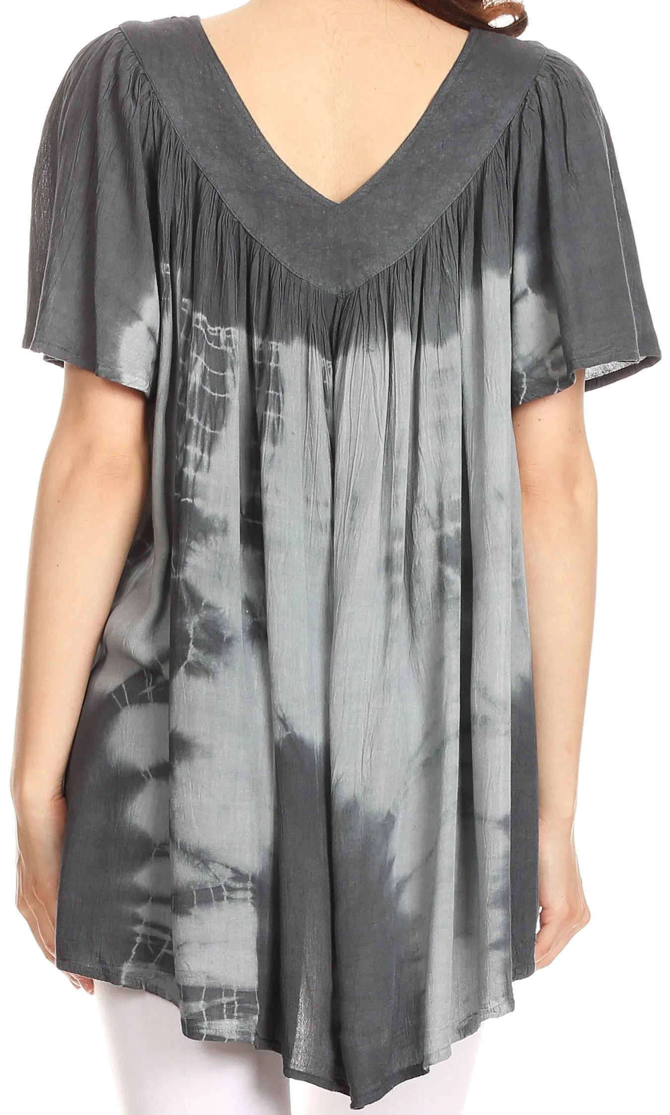 Sakkas Nia Tie Dye Sequin Embroidered V-Neck Cap Sleeve Blouse / Top