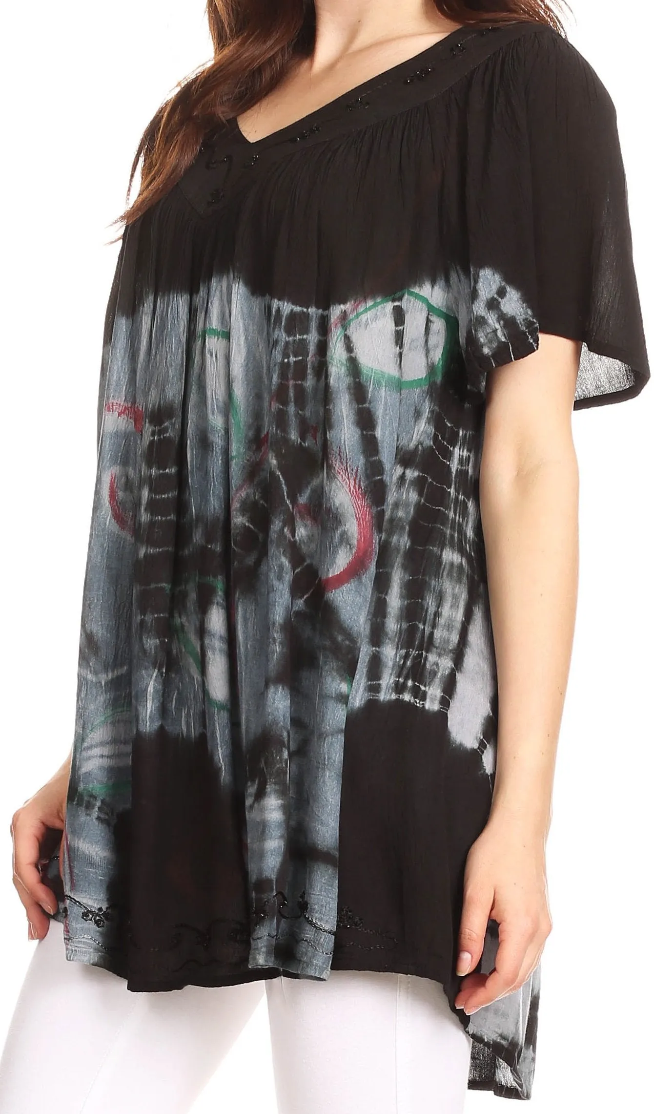 Sakkas Nia Tie Dye Sequin Embroidered V-Neck Cap Sleeve Blouse / Top