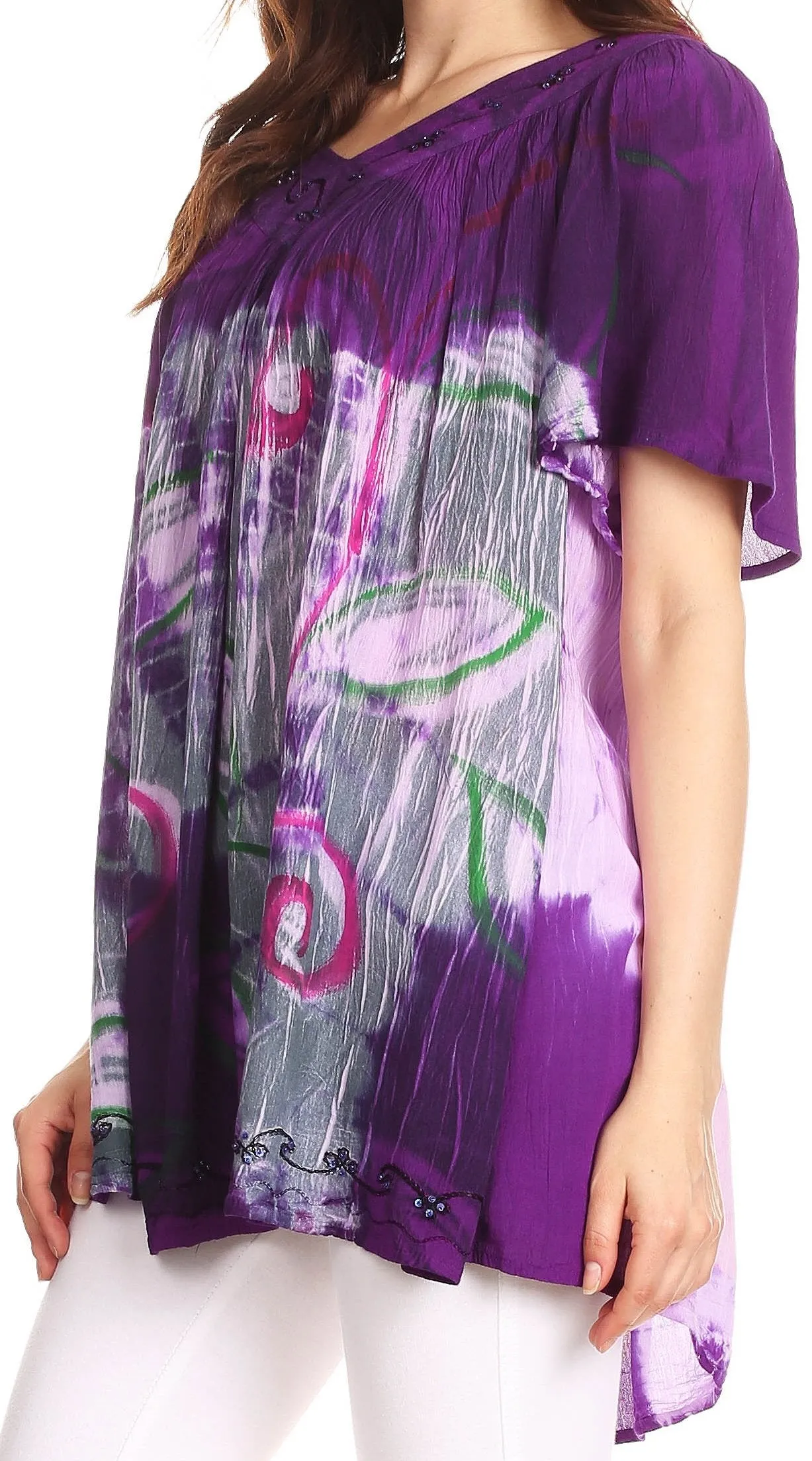 Sakkas Nia Tie Dye Sequin Embroidered V-Neck Cap Sleeve Blouse / Top