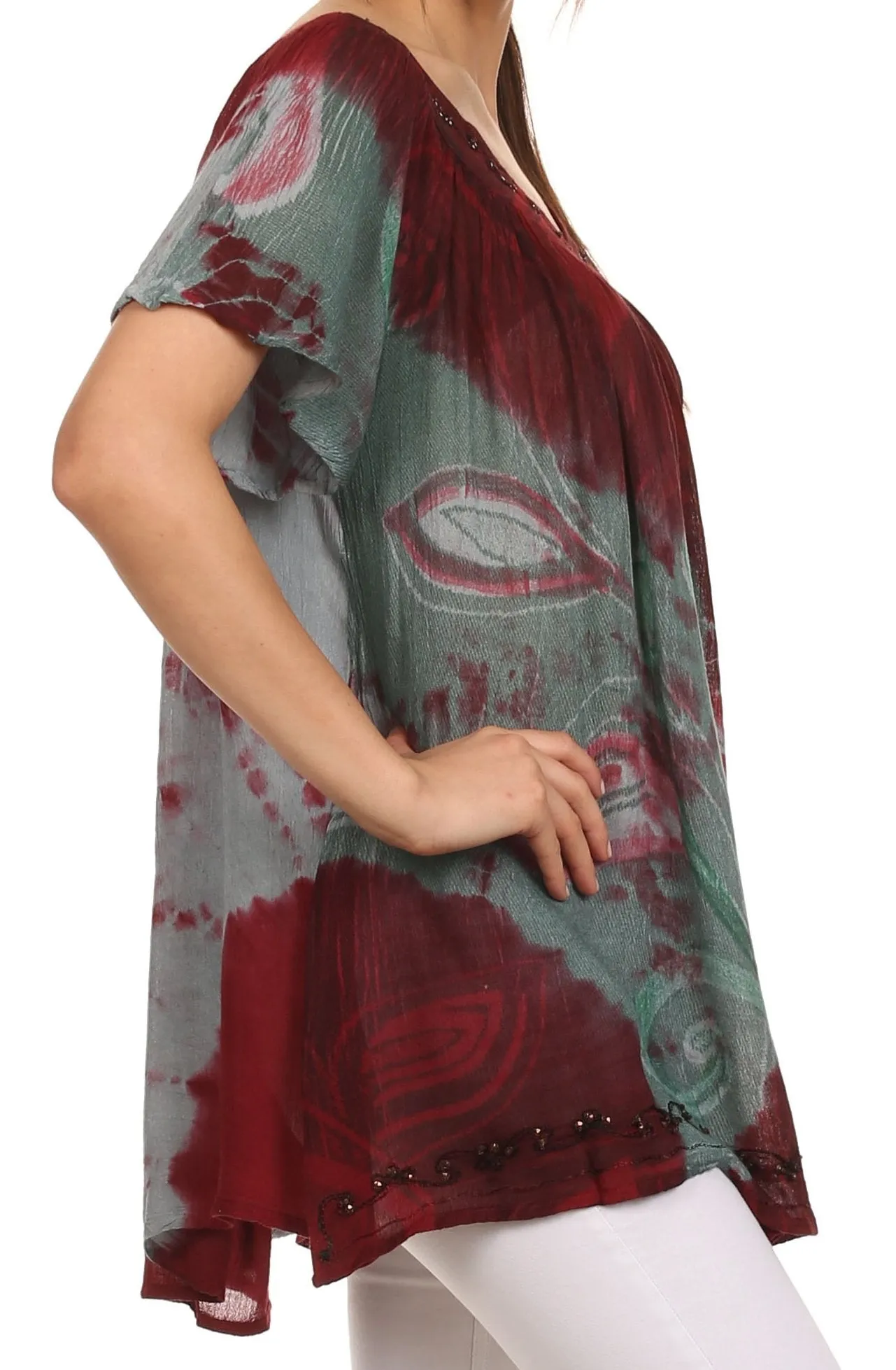 Sakkas Nia Tie Dye Sequin Embroidered V-Neck Cap Sleeve Blouse / Top
