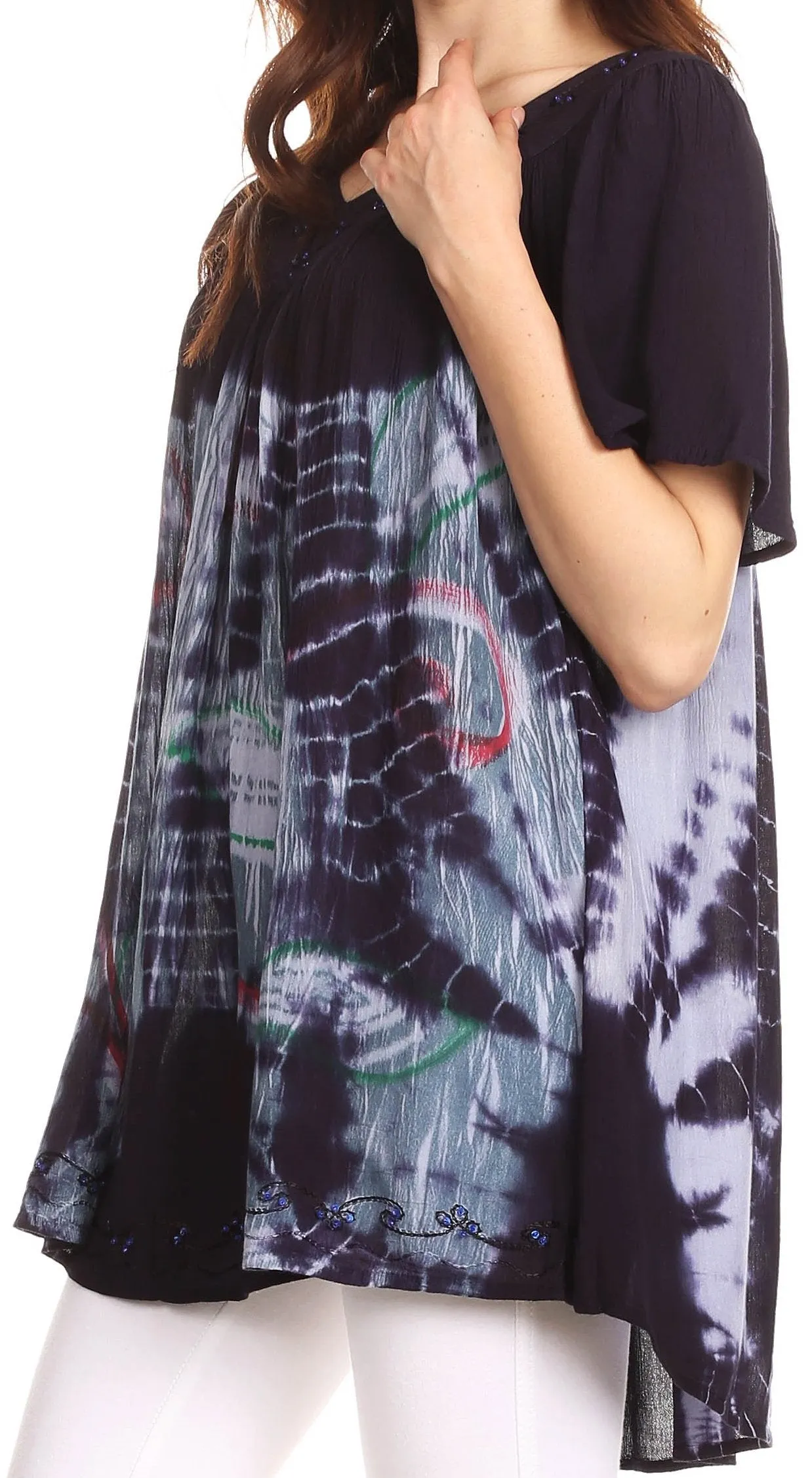 Sakkas Nia Tie Dye Sequin Embroidered V-Neck Cap Sleeve Blouse / Top