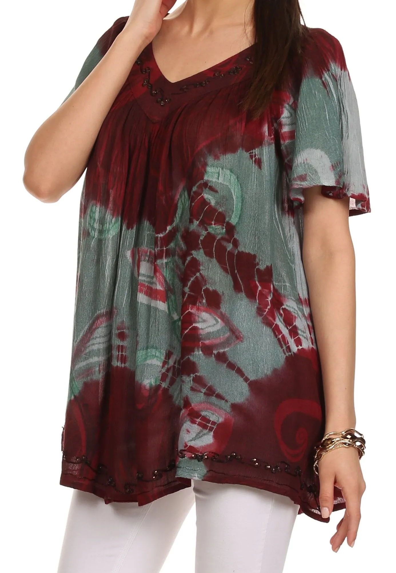Sakkas Nia Tie Dye Sequin Embroidered V-Neck Cap Sleeve Blouse / Top
