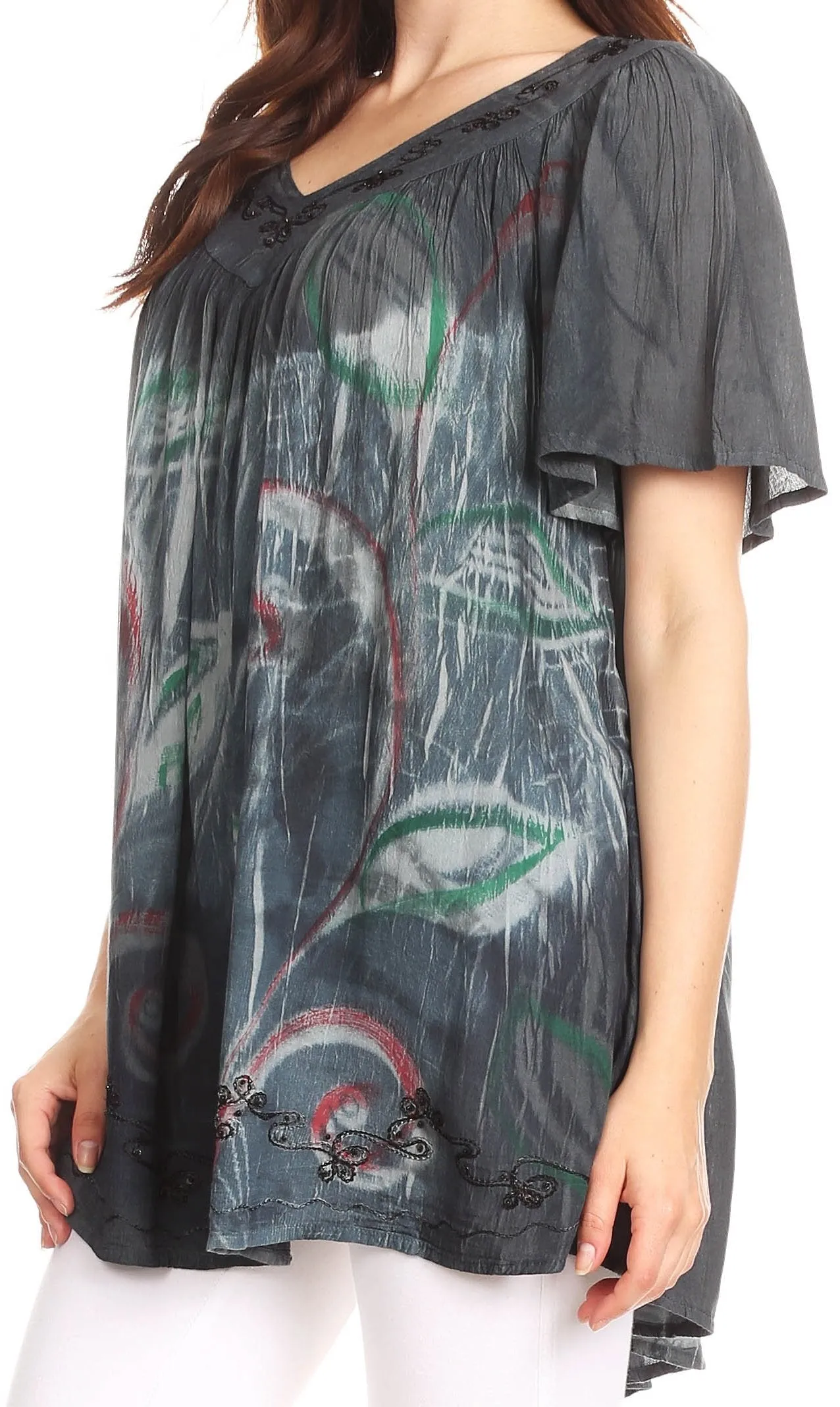 Sakkas Nia Tie Dye Sequin Embroidered V-Neck Cap Sleeve Blouse / Top
