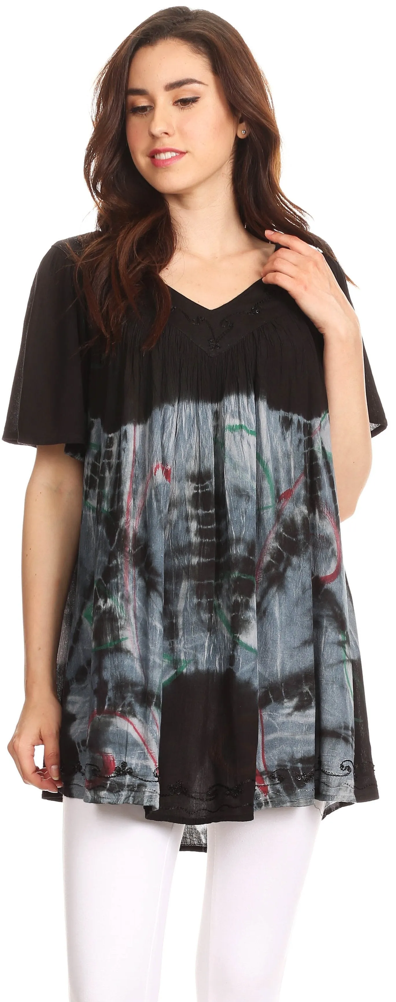 Sakkas Nia Tie Dye Sequin Embroidered V-Neck Cap Sleeve Blouse / Top