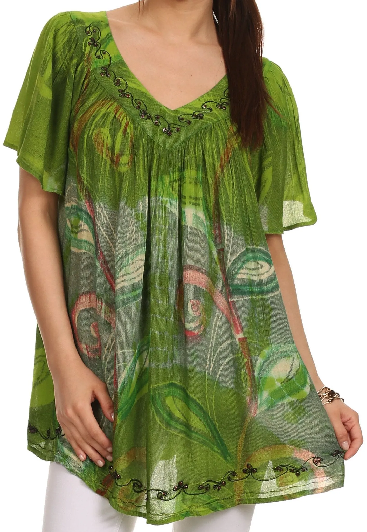 Sakkas Nia Tie Dye Sequin Embroidered V-Neck Cap Sleeve Blouse / Top