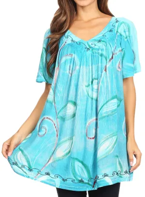 Sakkas Nia Tie Dye Sequin Embroidered V-Neck Cap Sleeve Blouse / Top