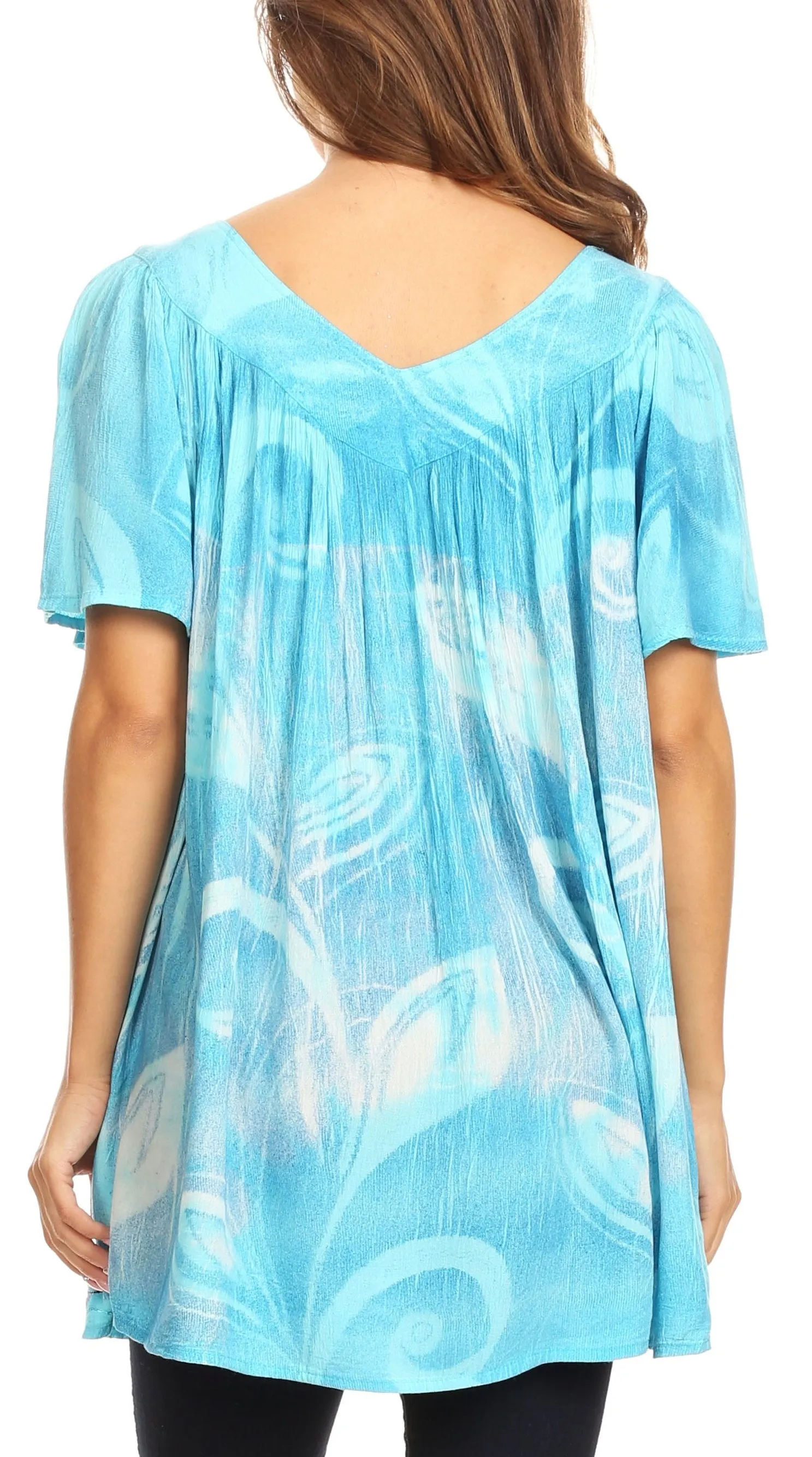 Sakkas Nia Tie Dye Sequin Embroidered V-Neck Cap Sleeve Blouse / Top