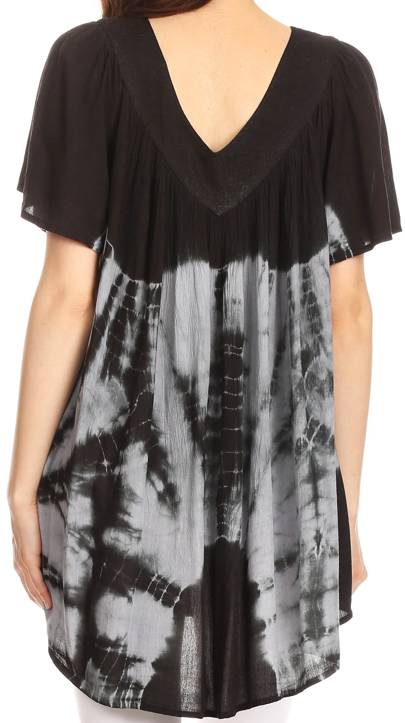 Sakkas Nia Tie Dye Sequin Embroidered V-Neck Cap Sleeve Blouse / Top