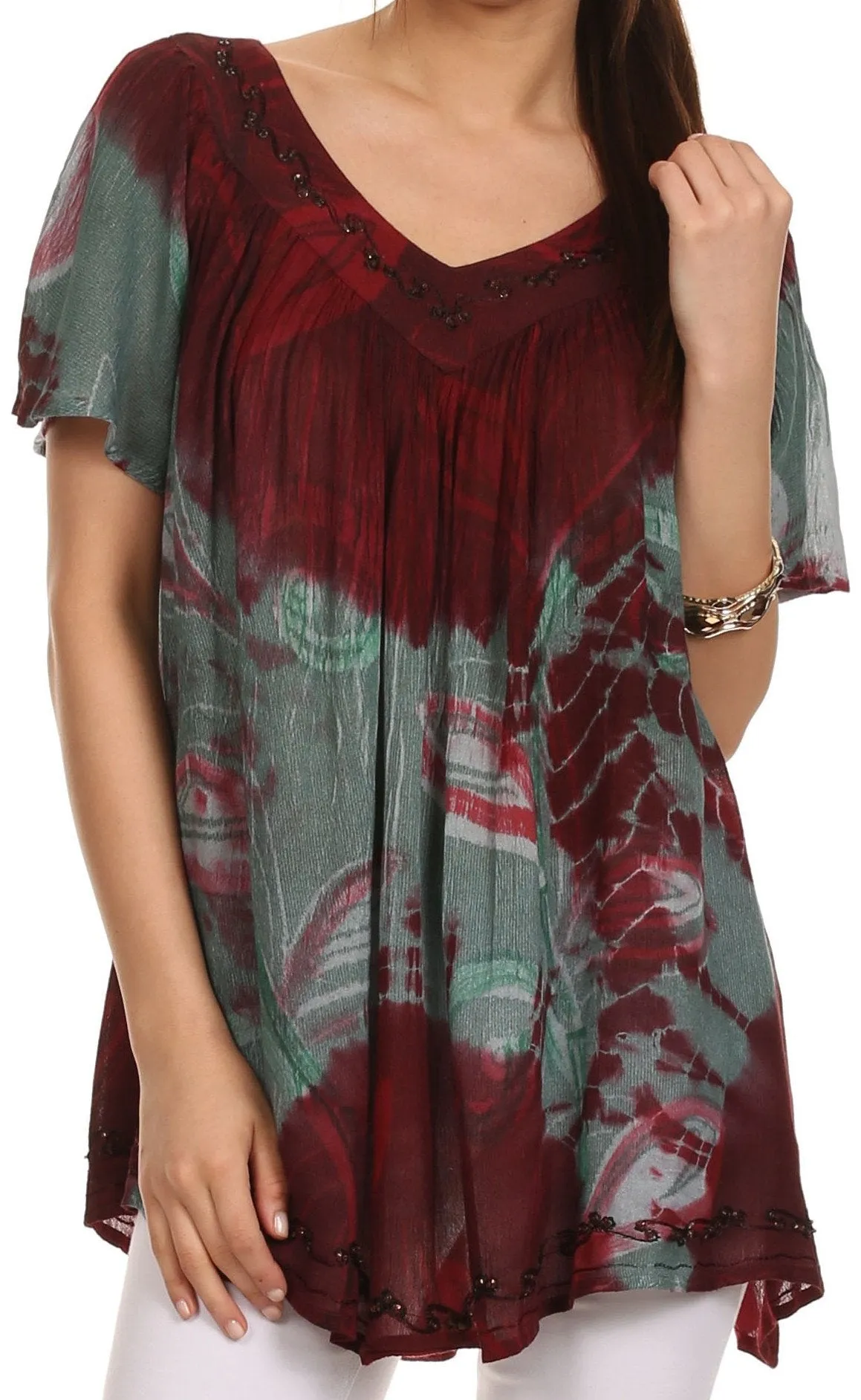 Sakkas Nia Tie Dye Sequin Embroidered V-Neck Cap Sleeve Blouse / Top