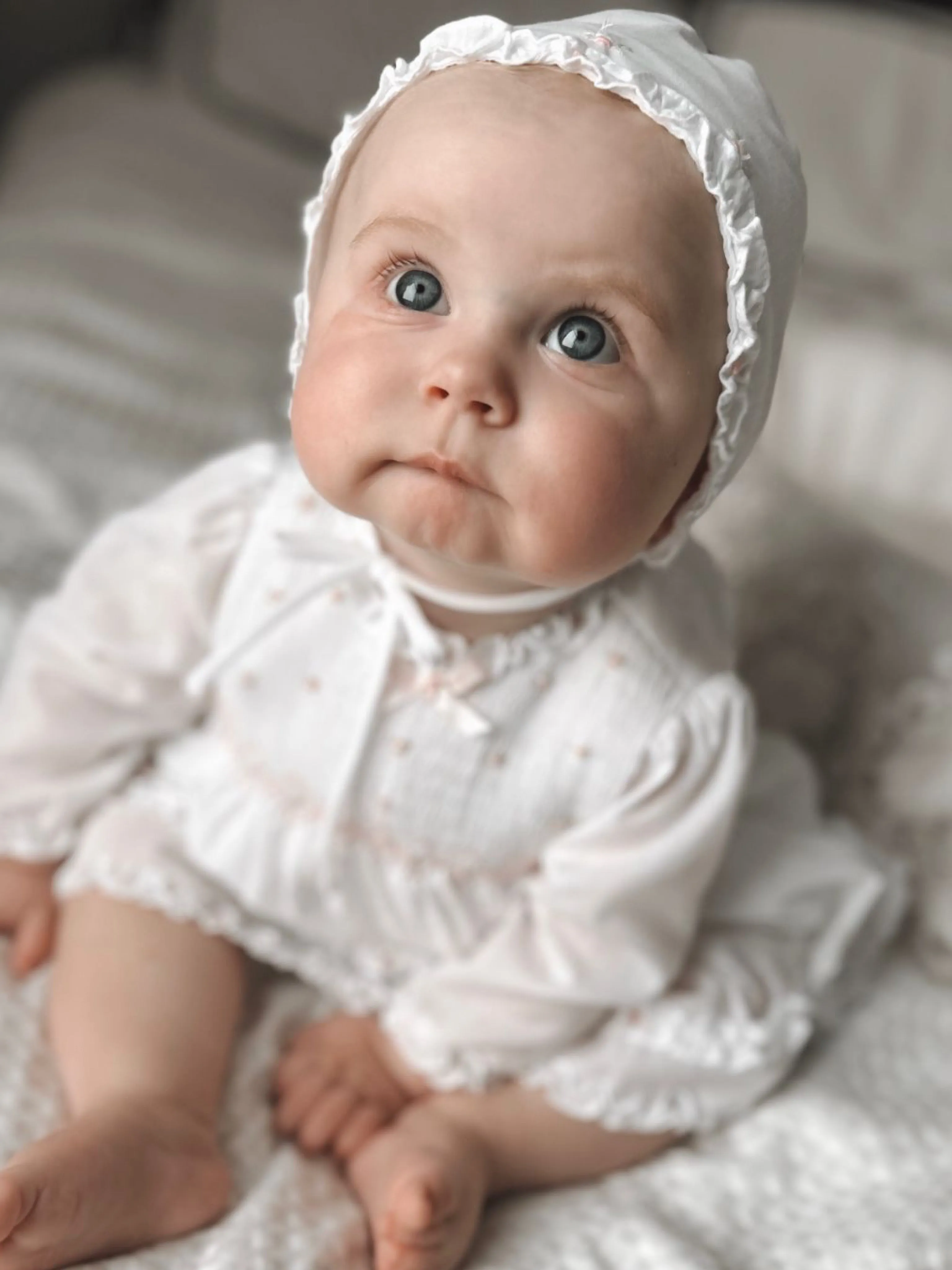 Sarah Louise white & pink dress, bonnet & knicker set
