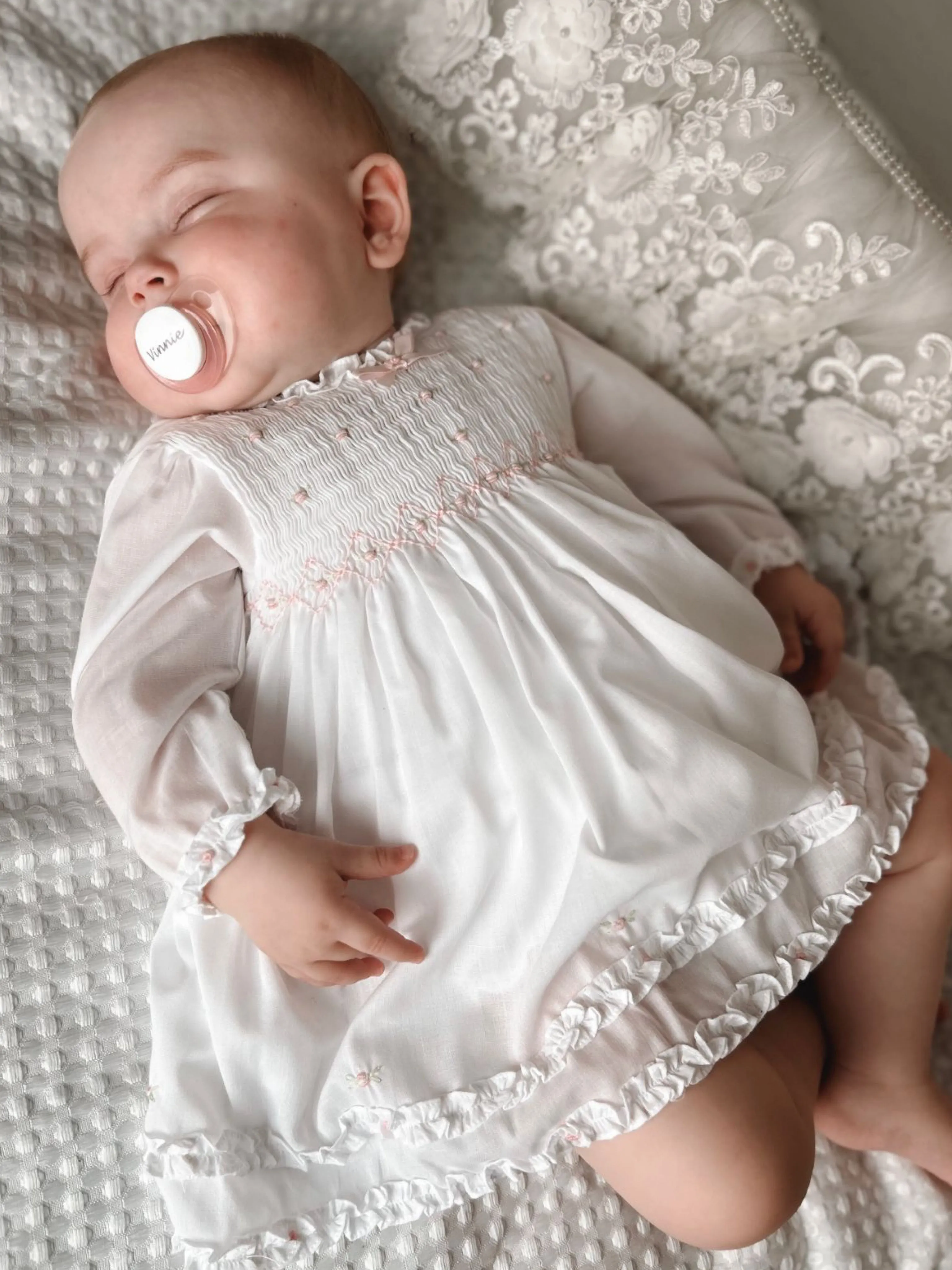Sarah Louise white & pink dress, bonnet & knicker set